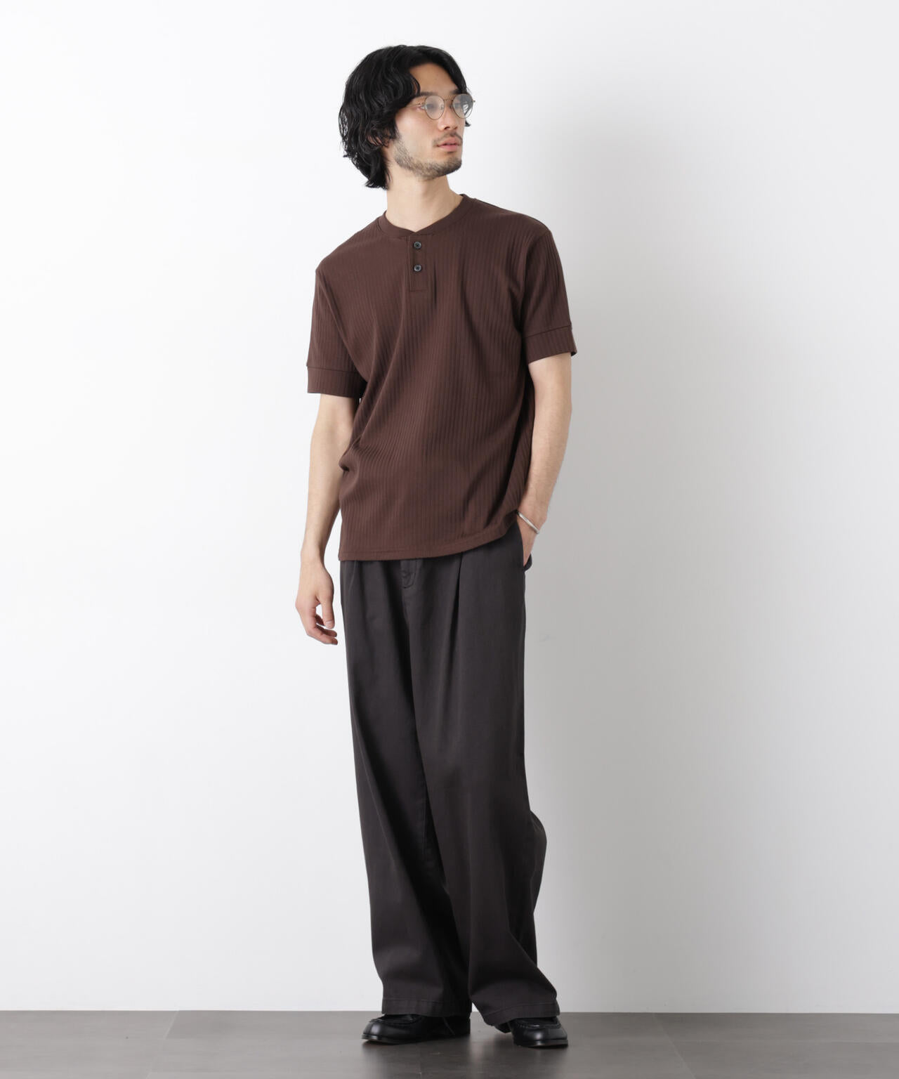 ワイドリブスタンダードヘンリーネックTシャツ 半袖