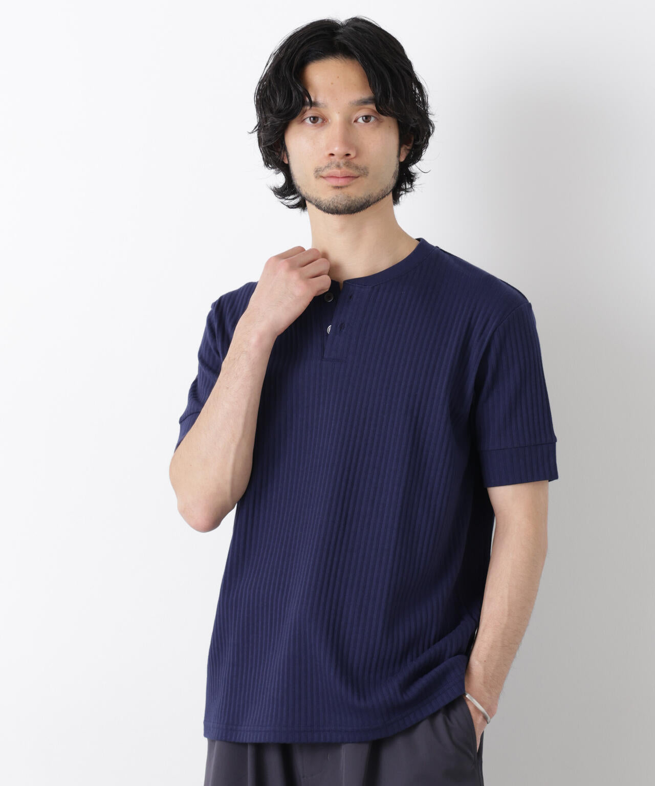 ワイドリブスタンダードヘンリーネックTシャツ 半袖