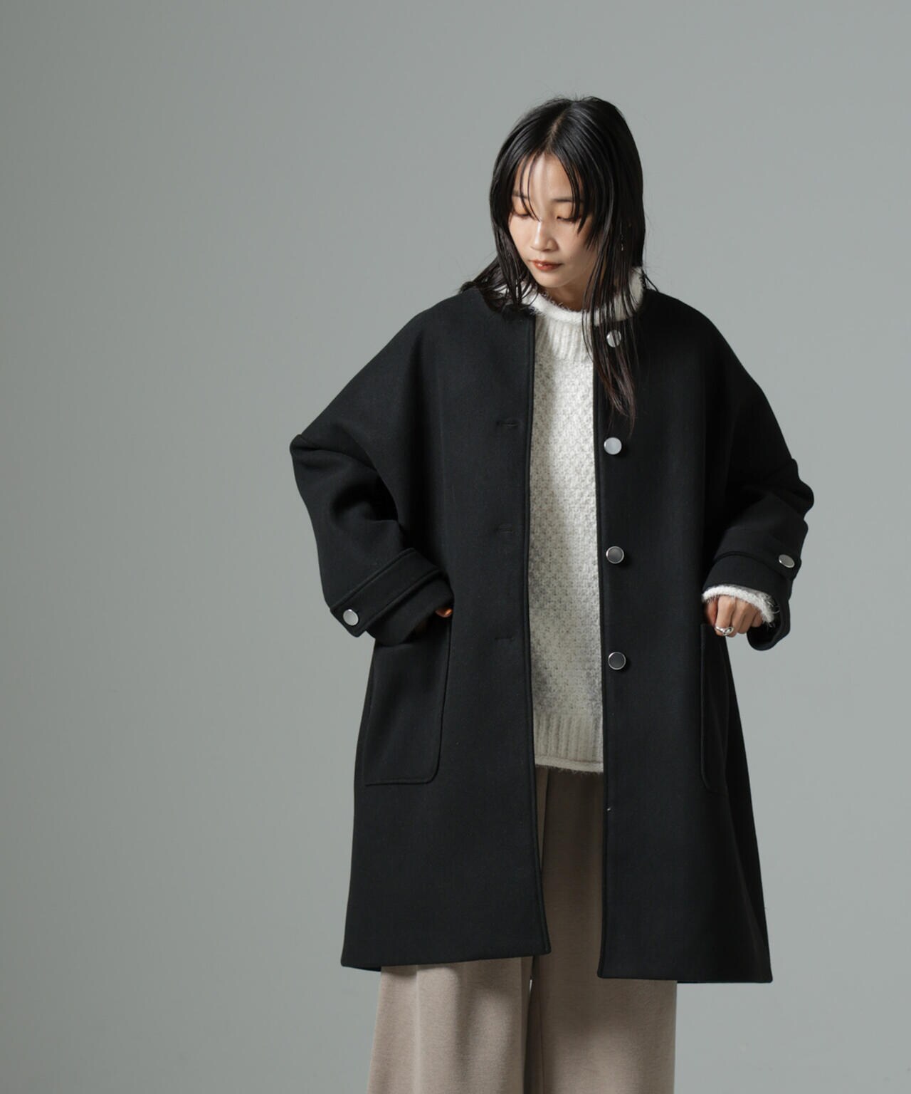 極美品/大きいサイズ✨23区　ウールコート　ノーカラー　コクーン　46 ブラック セール】 ノーカラーコクーンウールコート （その他アウター