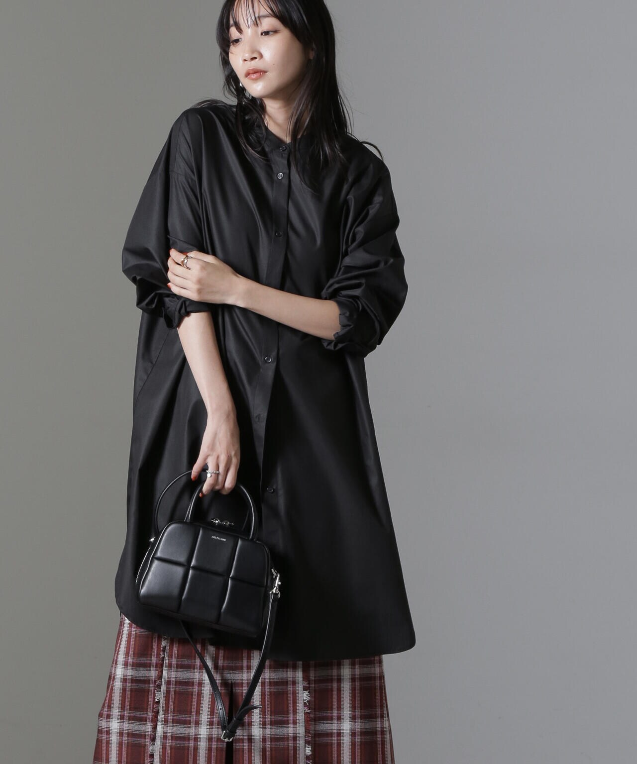 バンドカラーミディシャツワンピース