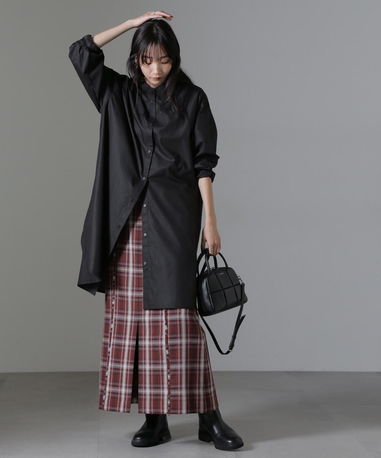 バンドカラーミディシャツワンピース