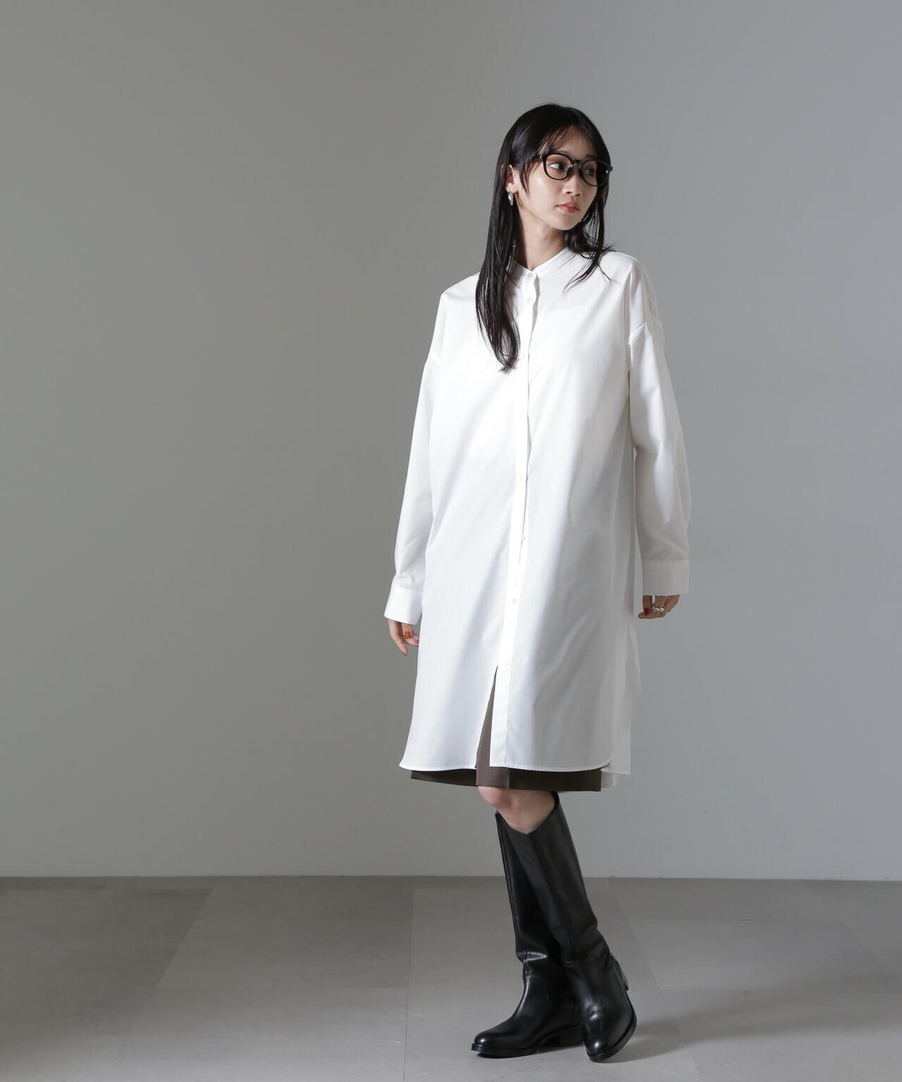 バンドカラーミディシャツワンピース