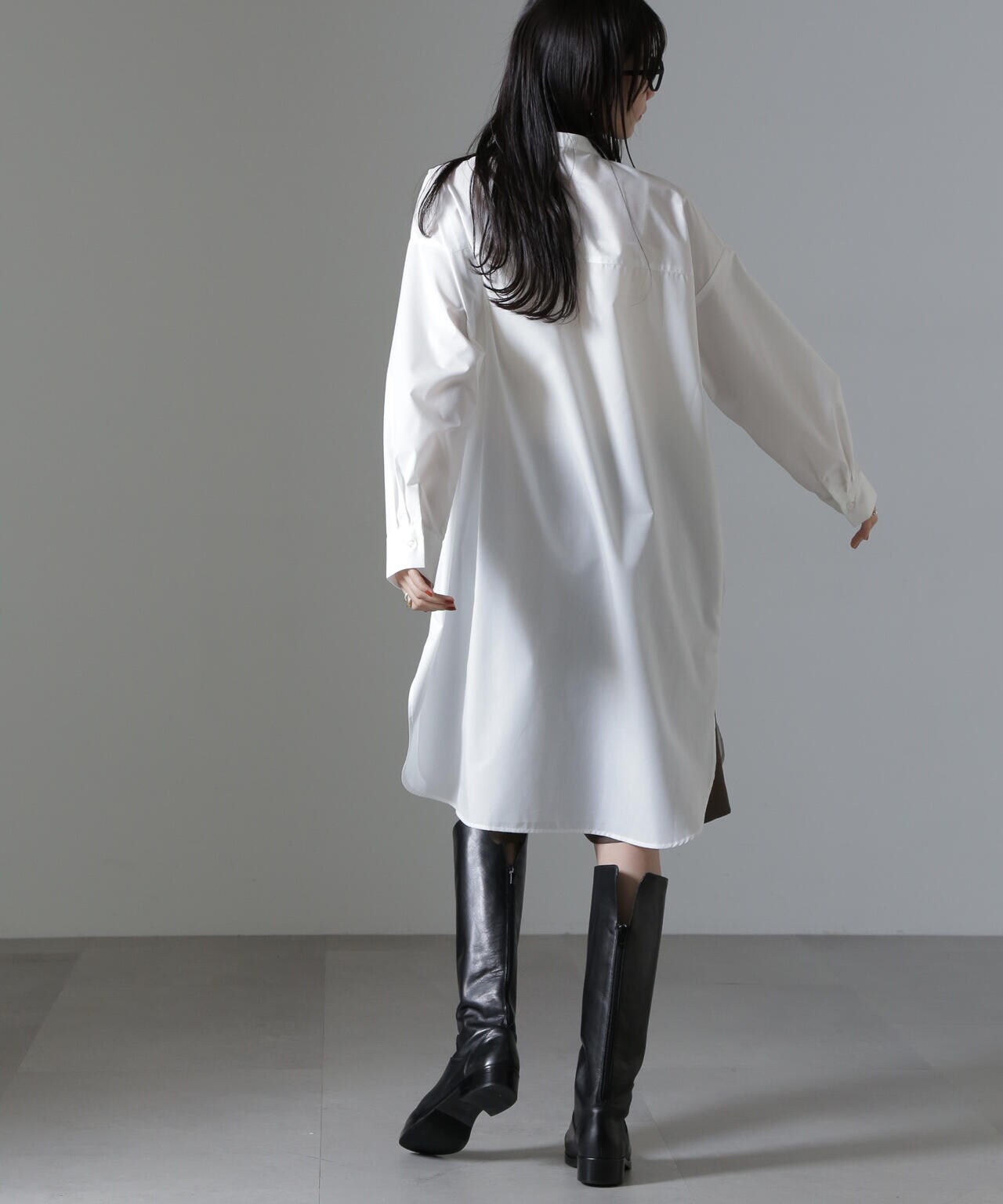 バンドカラーミディシャツワンピース