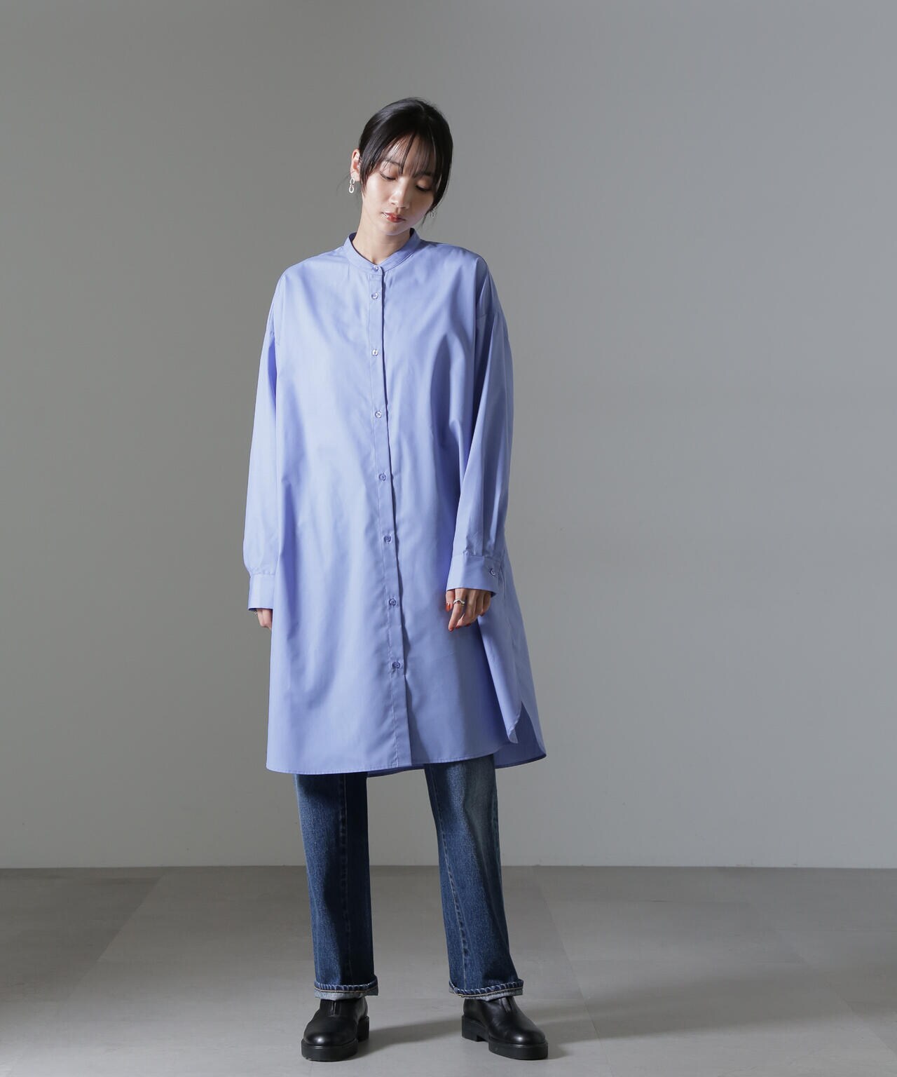 バンドカラーミディシャツワンピース