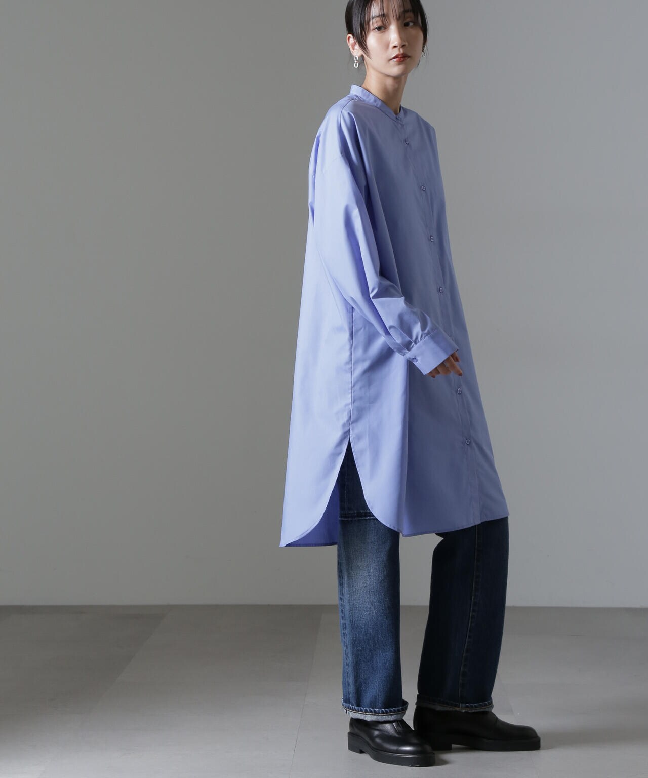 バンドカラーミディシャツワンピース