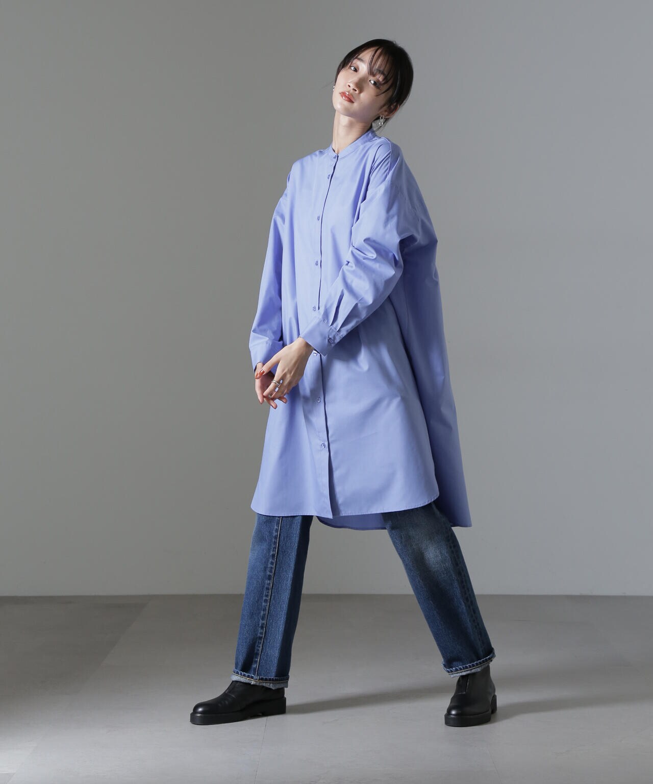 バンドカラーミディシャツワンピース