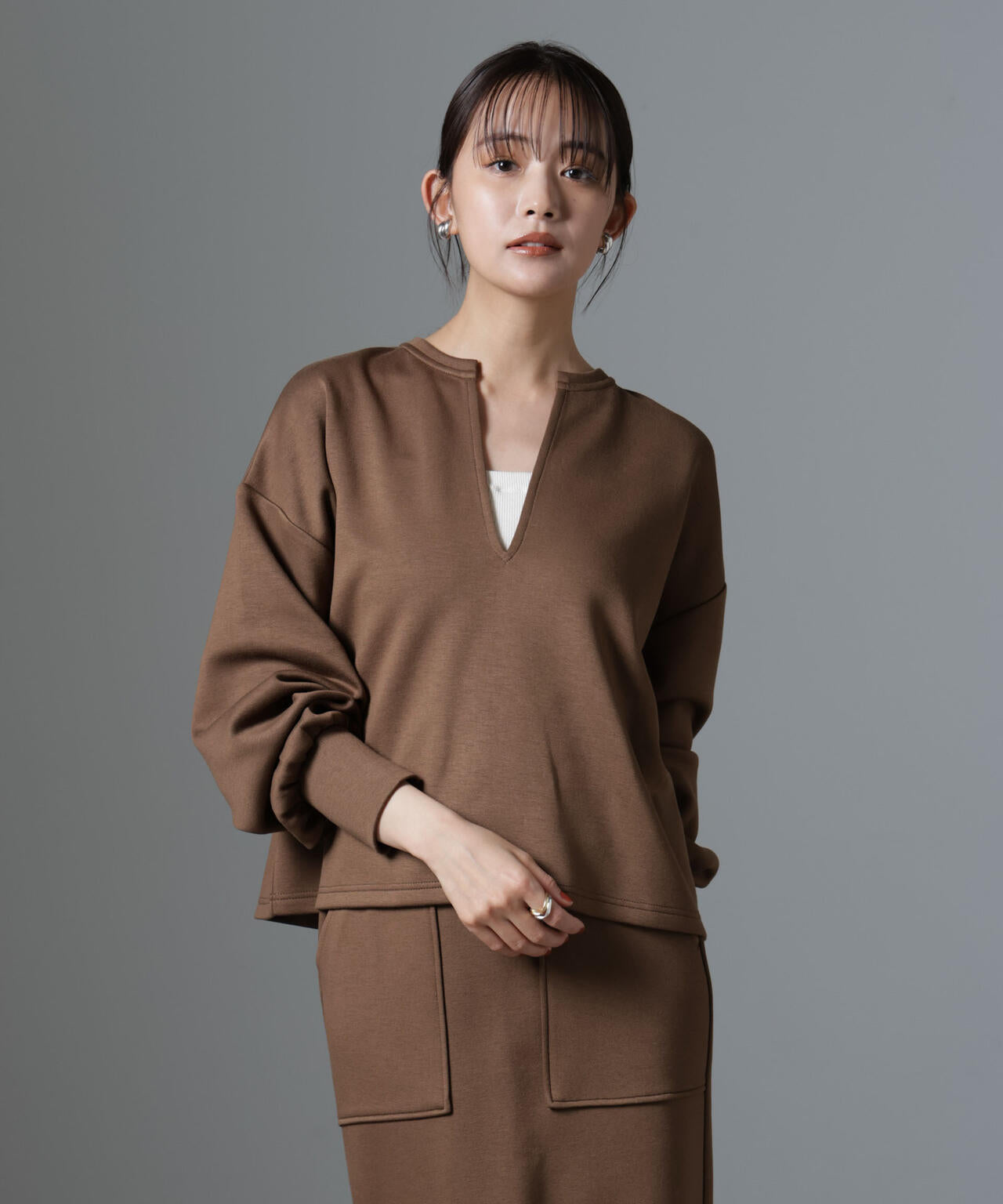 裏起毛ダンボールカットキーネックトップス（セットアップ可） | NANO