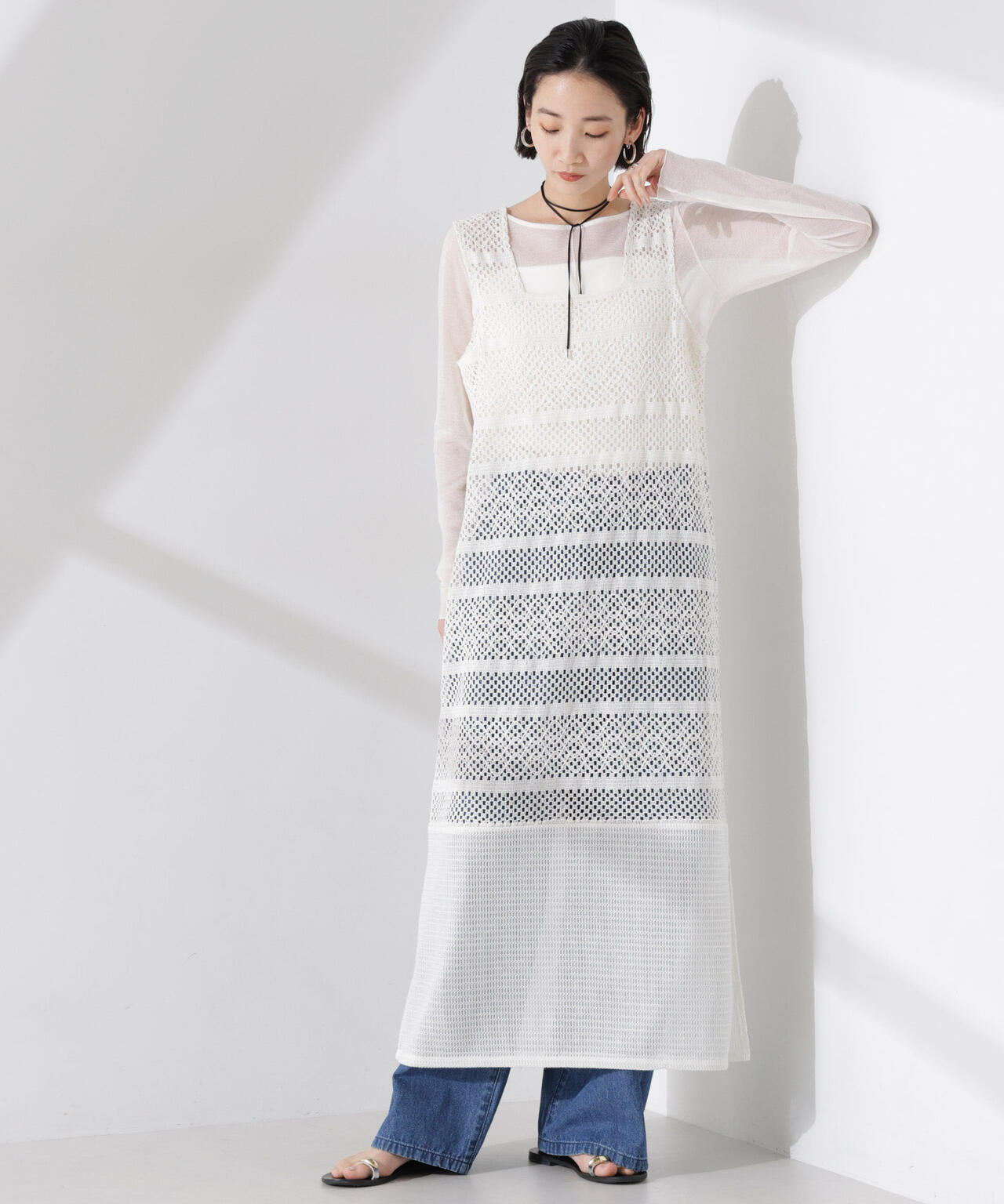 クロシェニット風レースノースリーブワンピース