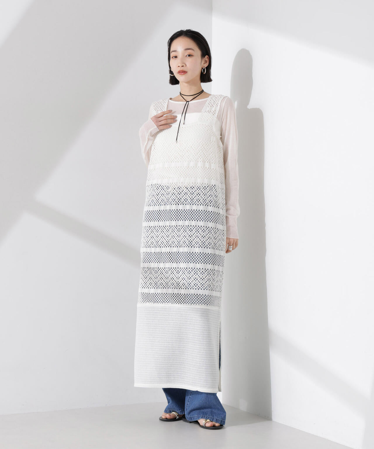 クロシェニット風レースノースリーブワンピース