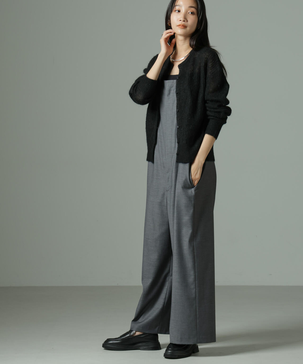 モヘヤ混クルーネックニットカーディガン(セットアップ可)