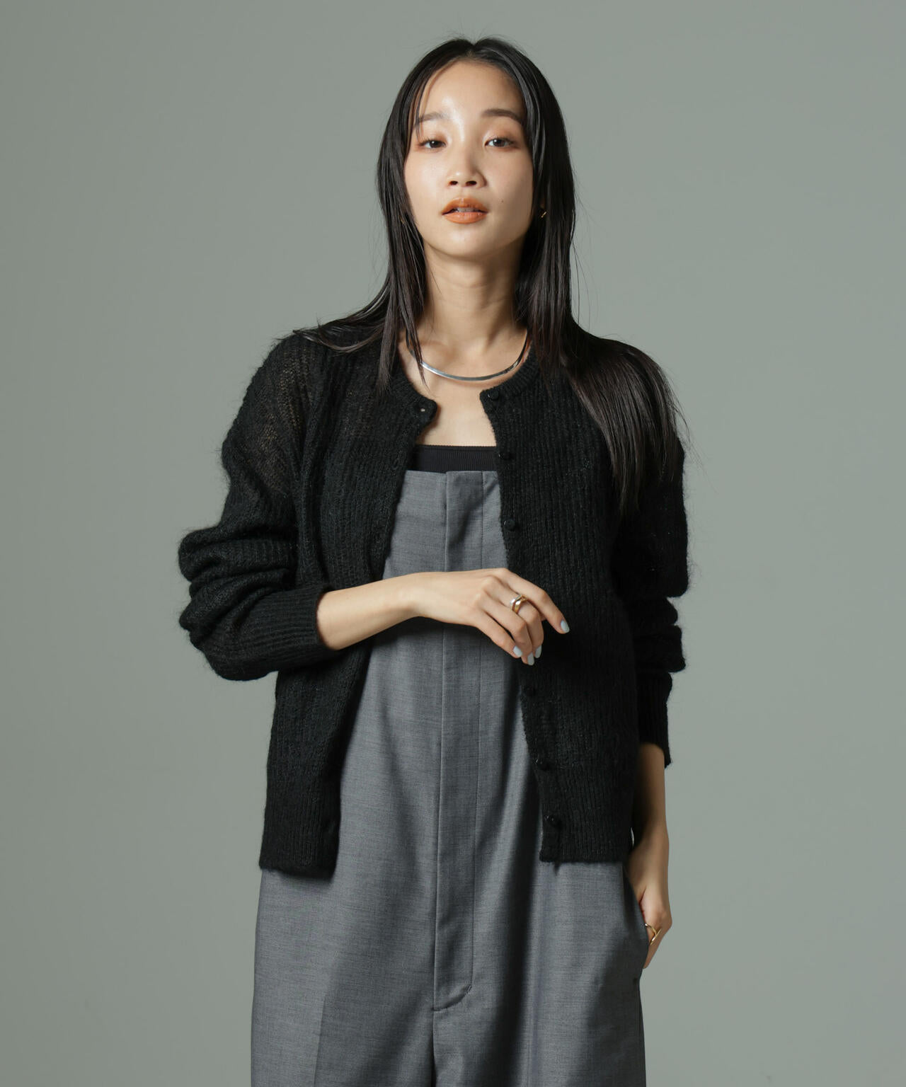 モヘヤ混クルーネックニットカーディガン(セットアップ可)