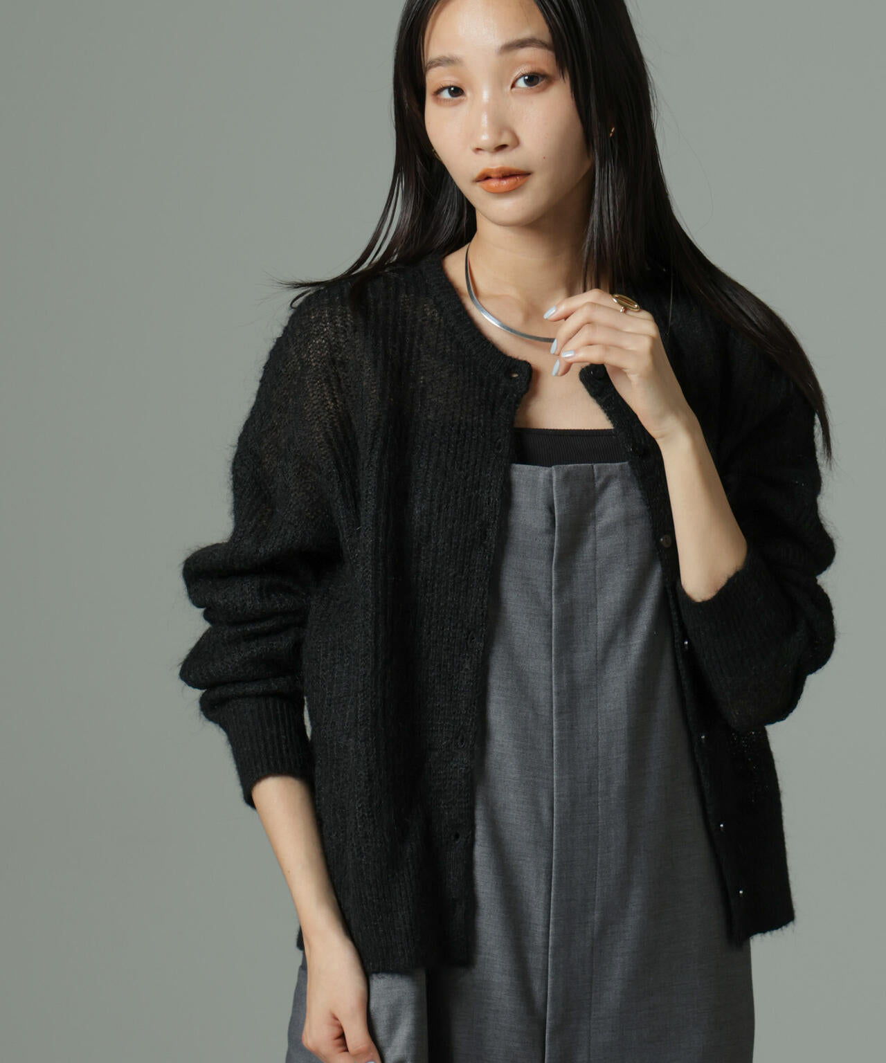 モヘヤ混クルーネックニットカーディガン(セットアップ可)