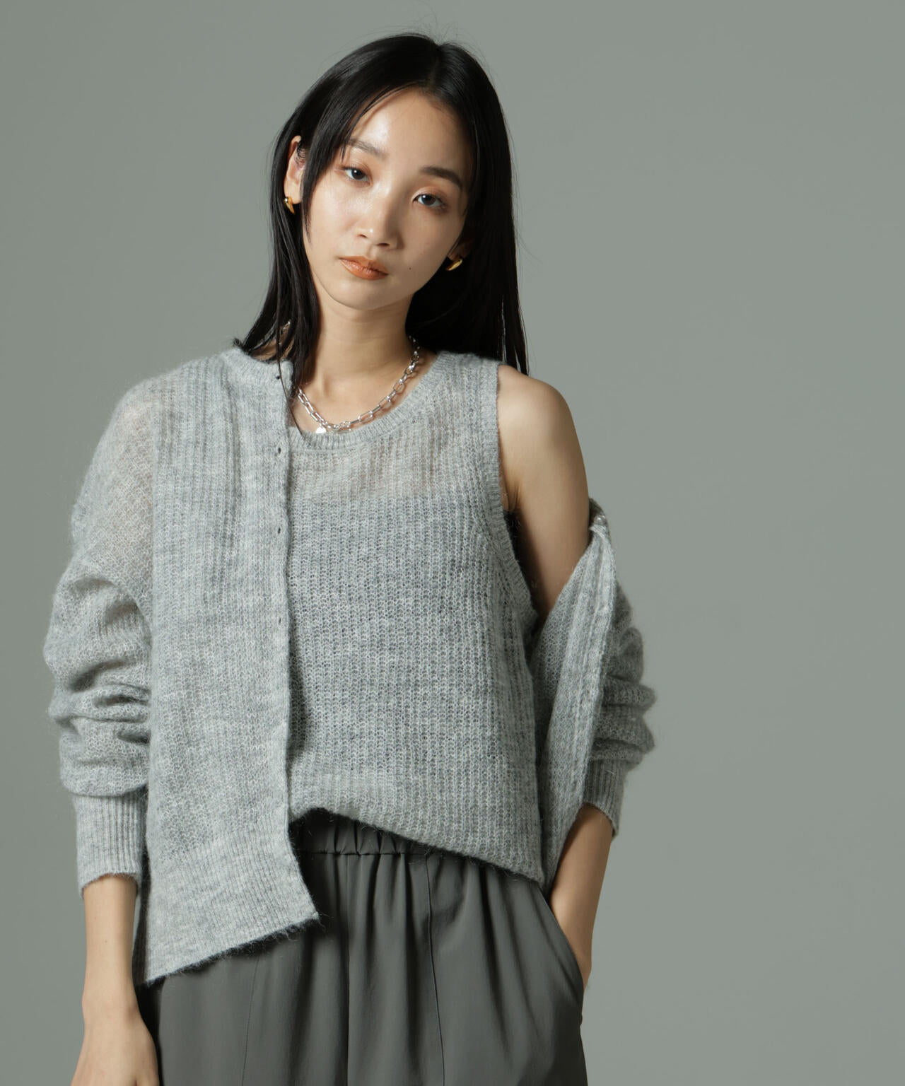 モヘヤ混クルーネックニットカーディガン(セットアップ可)