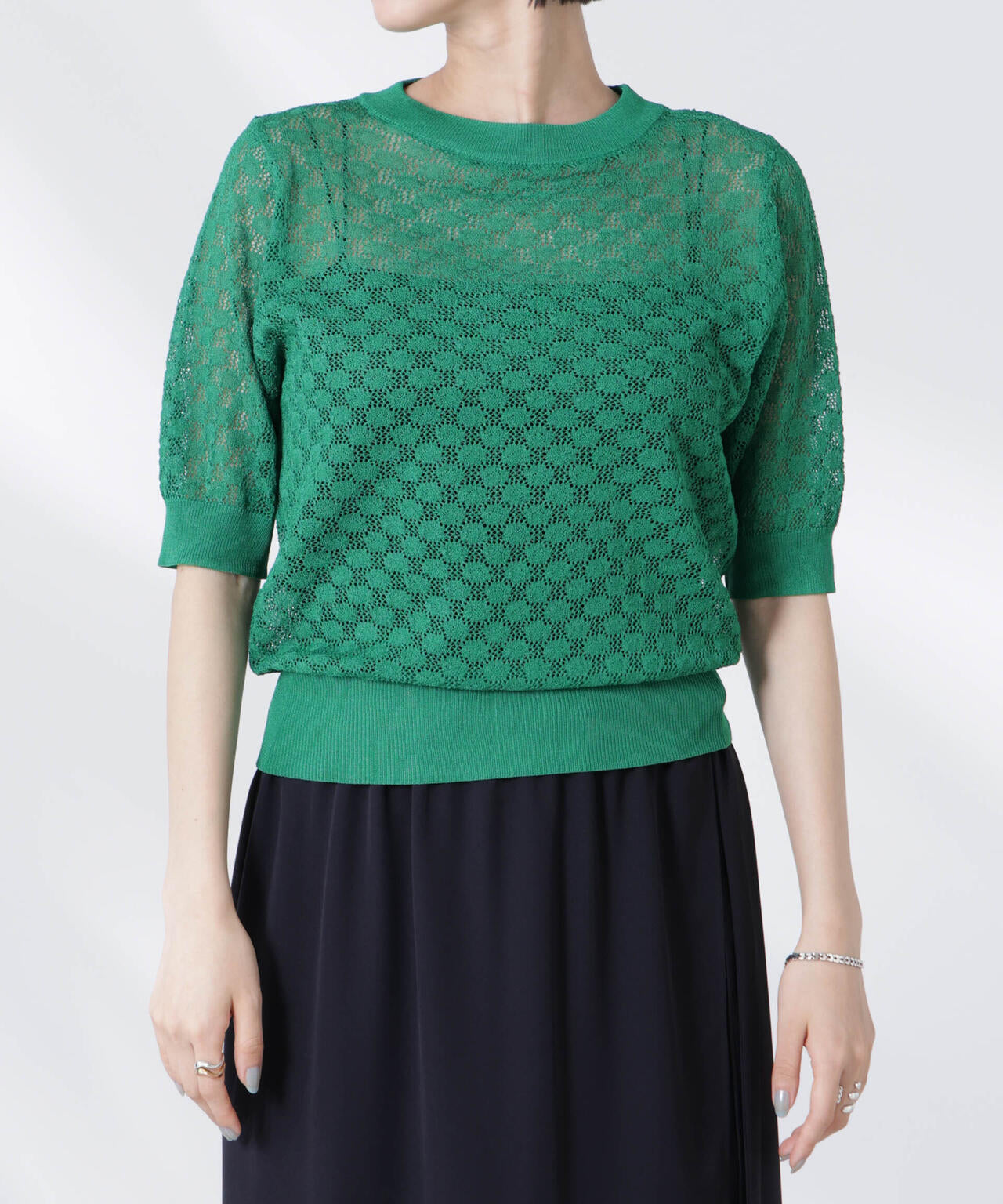 レース柄クルーネック半袖ニット