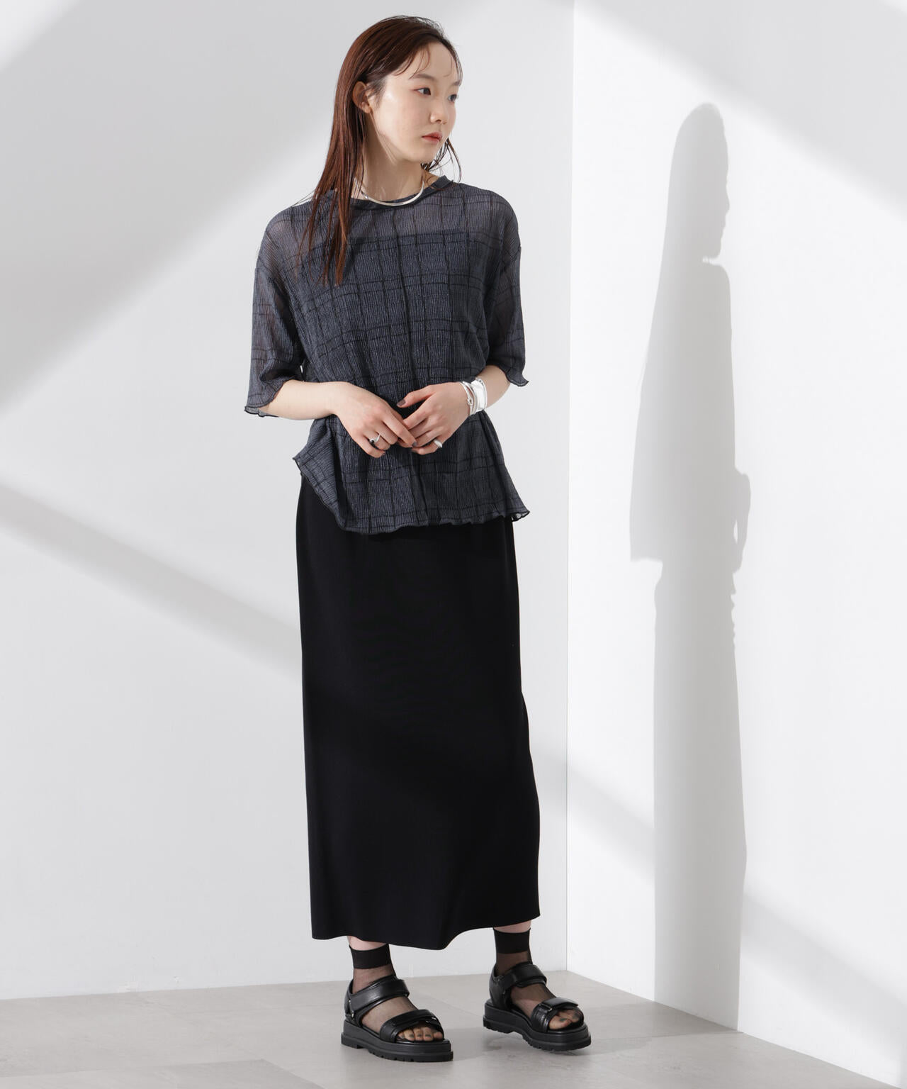 楊柳チェックシアーカットTシャツ