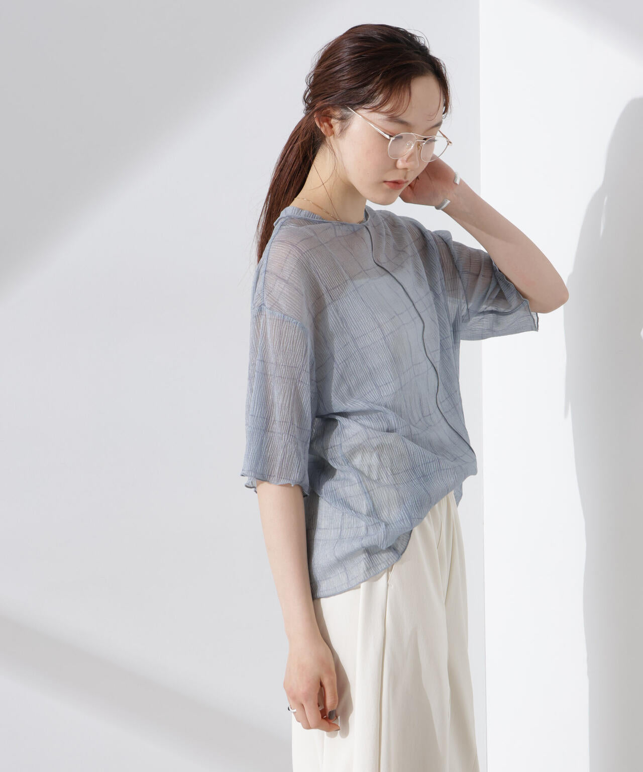 楊柳チェックシアーカットTシャツ