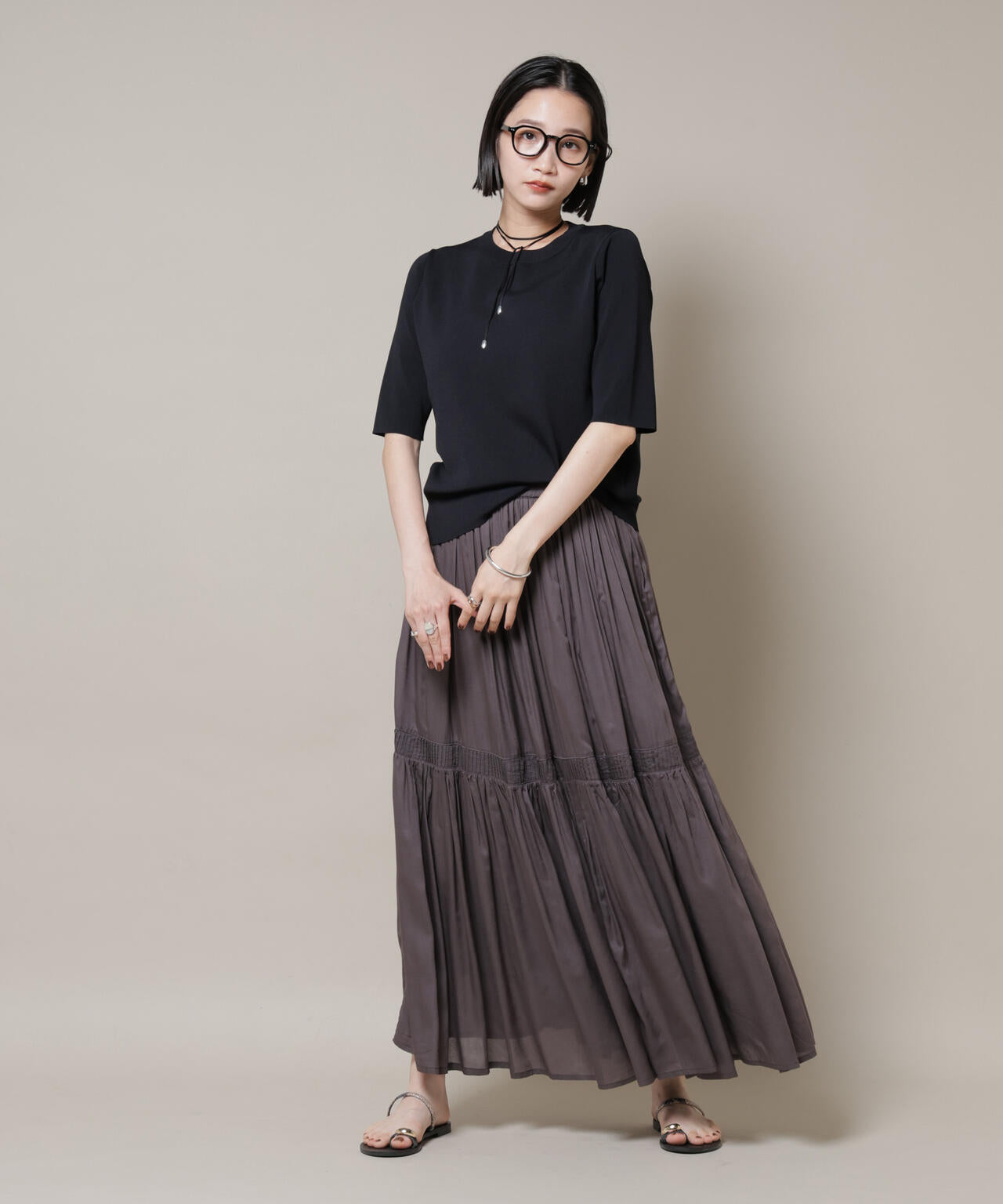 made in INDIA ギャザー切り替えフレアスカート(セットアップ可