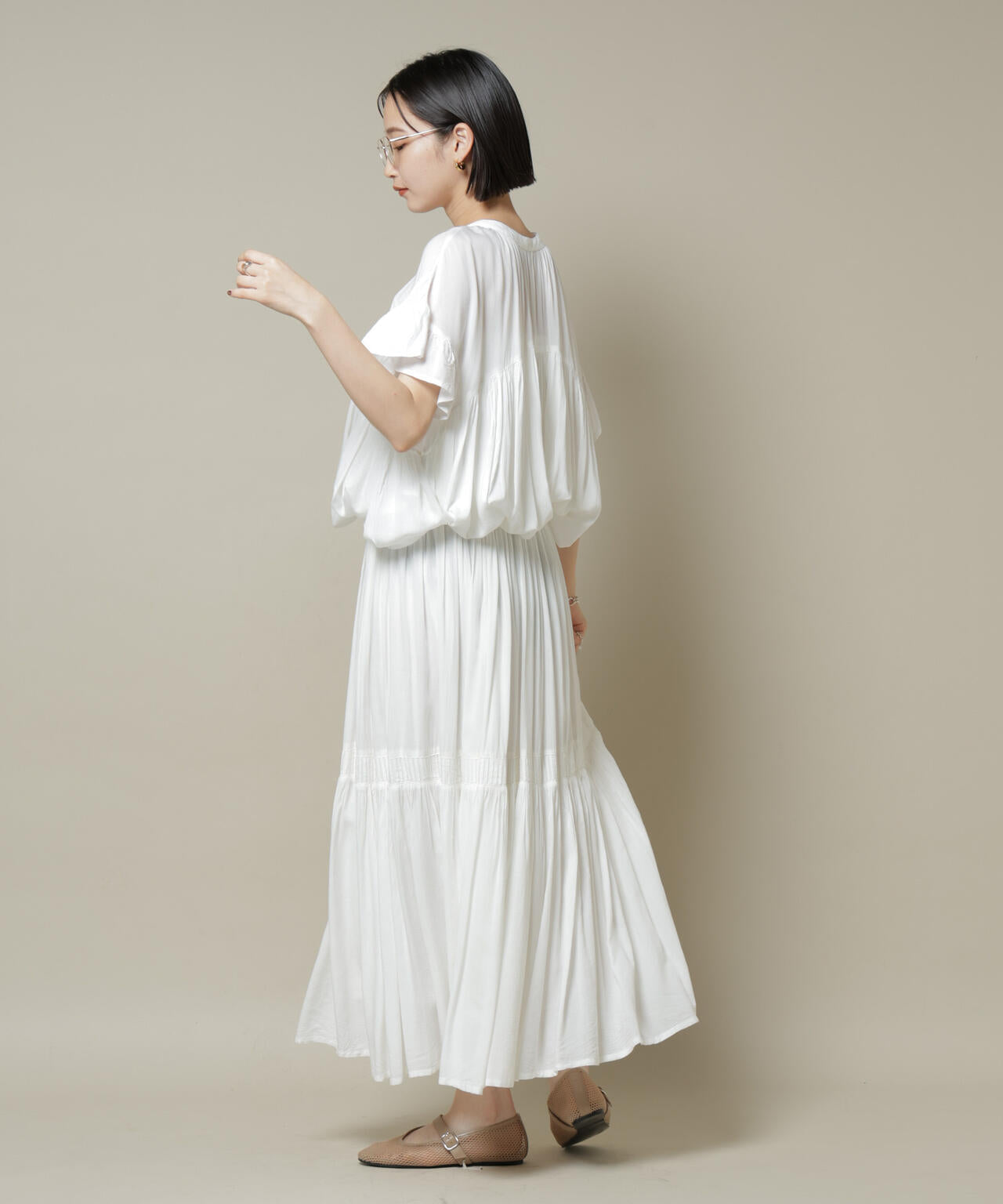 made in INDIA ギャザー切り替えフレアスカート(セットアップ可