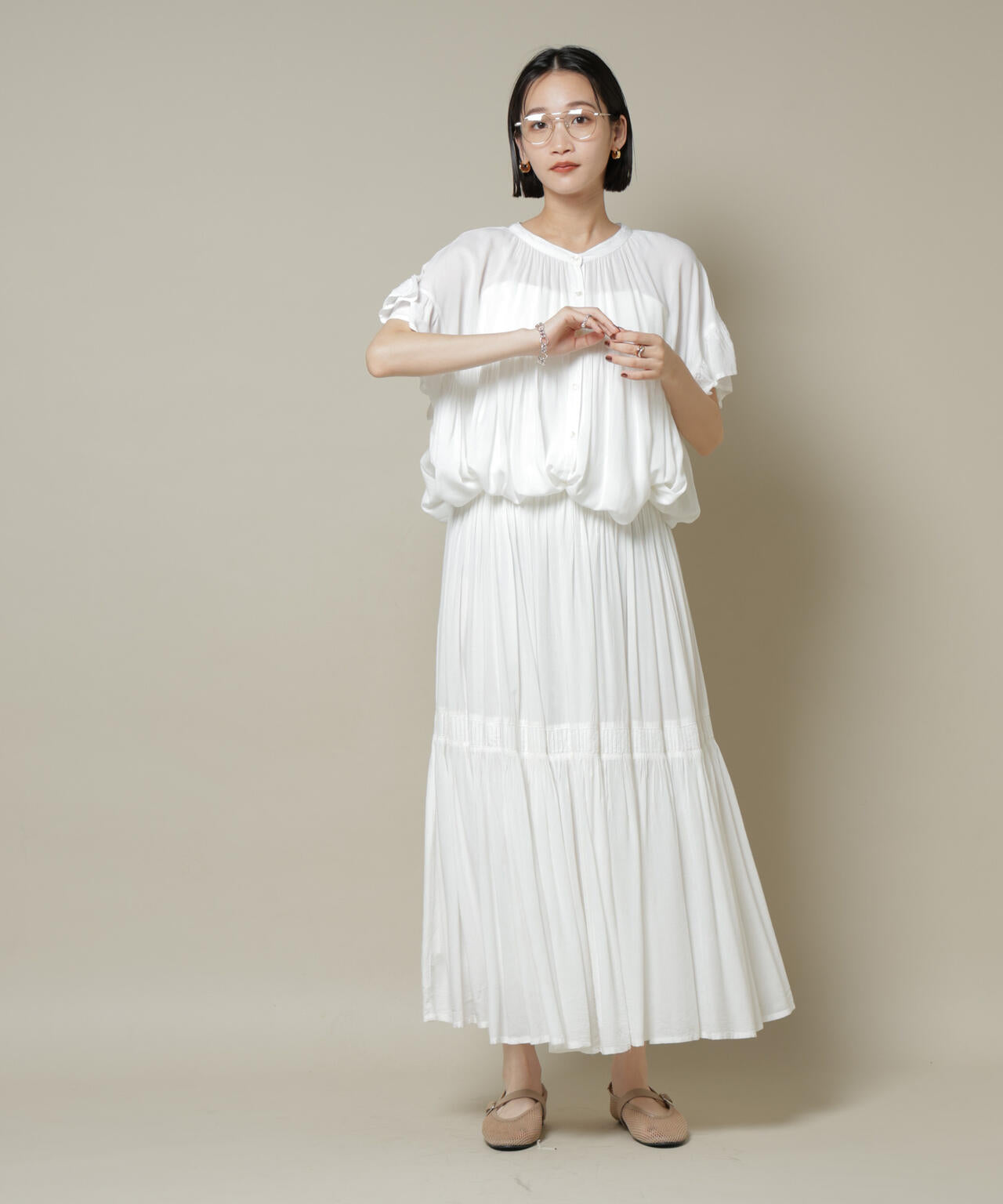 made in INDIA ギャザー切り替えフレアスカート(セットアップ可
