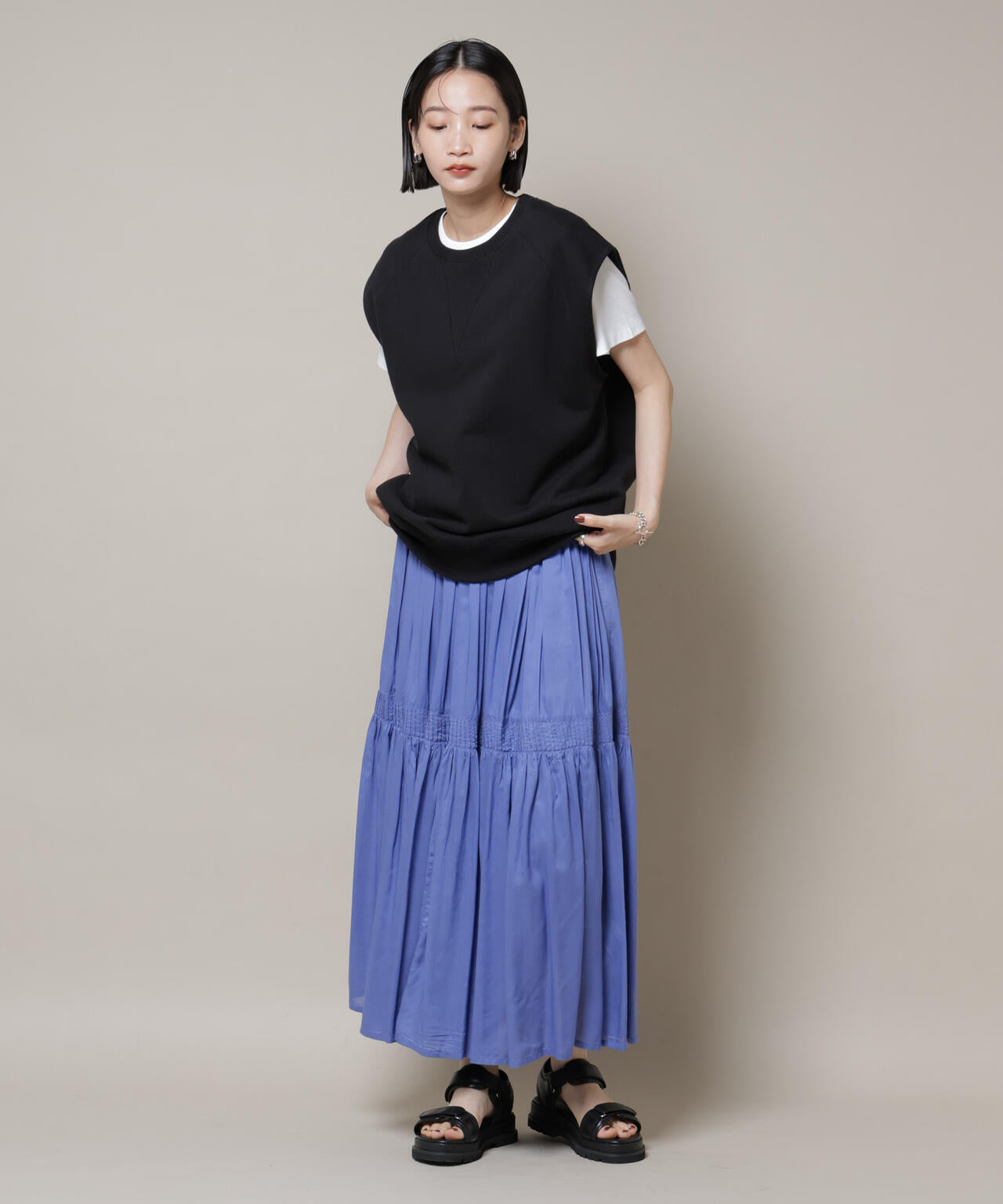 made in INDIA ギャザー切り替えフレアスカート(セットアップ可