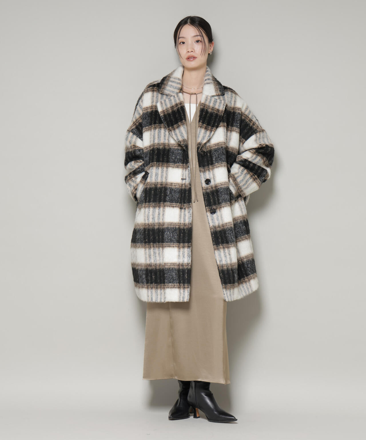 yuni isola チェックコート yuni,△ISOLA シャギー チェック コート