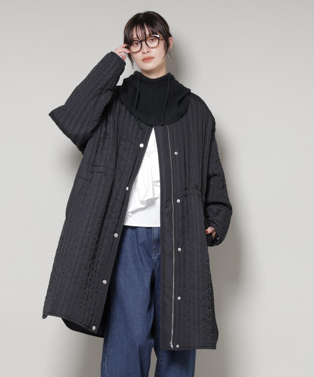 撥水加工 中綿キルティングウエストドロストノーカラーコート | NANO