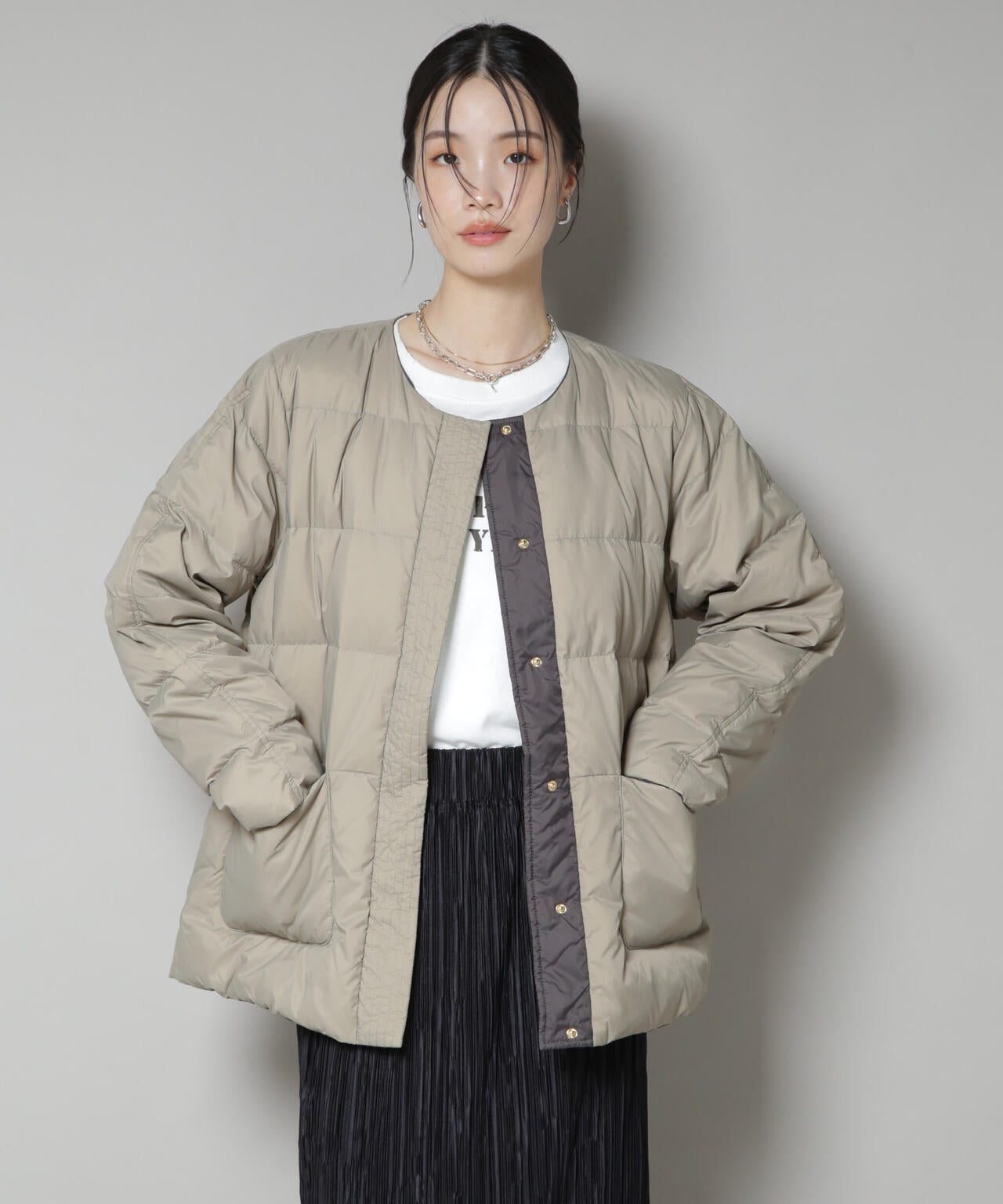 撥水加工ライトダウン リバーシブルノーカラージャケット | NANO