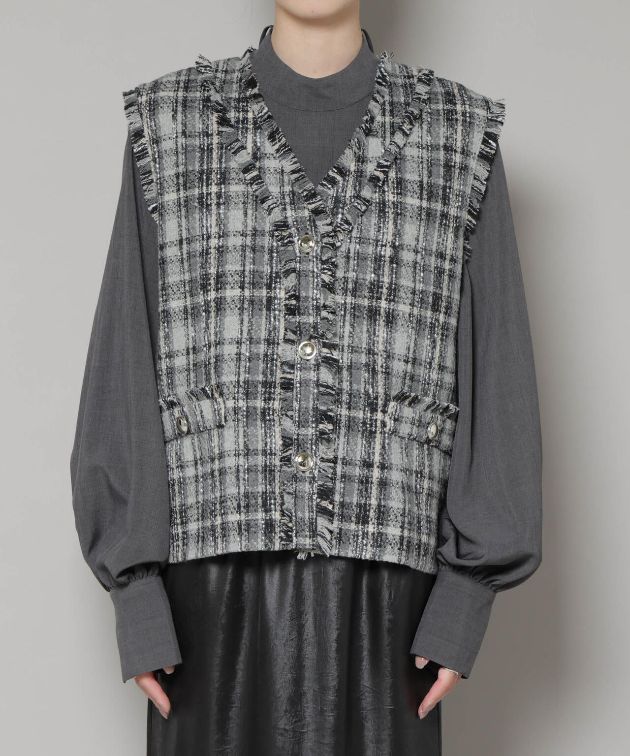 チェックフリンジ金ボタンジレ(セットアップ可)