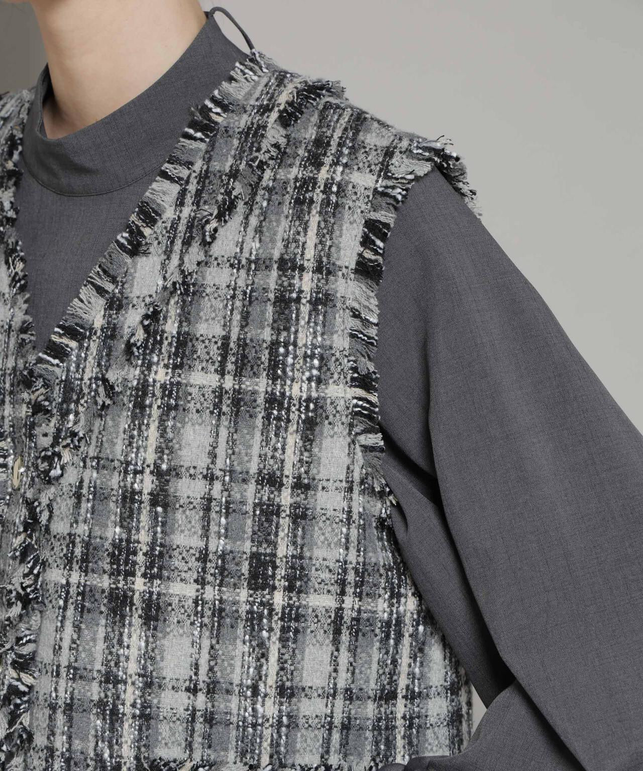 チェックフリンジ金ボタンジレ(セットアップ可)