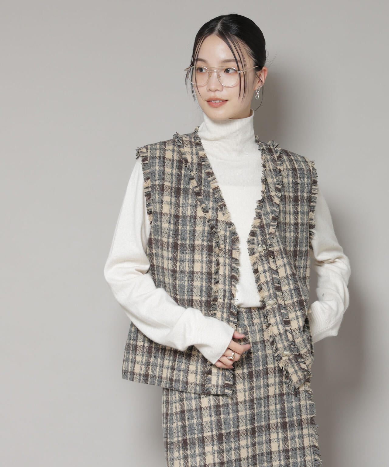 チェックフリンジ金ボタンジレ(セットアップ可)