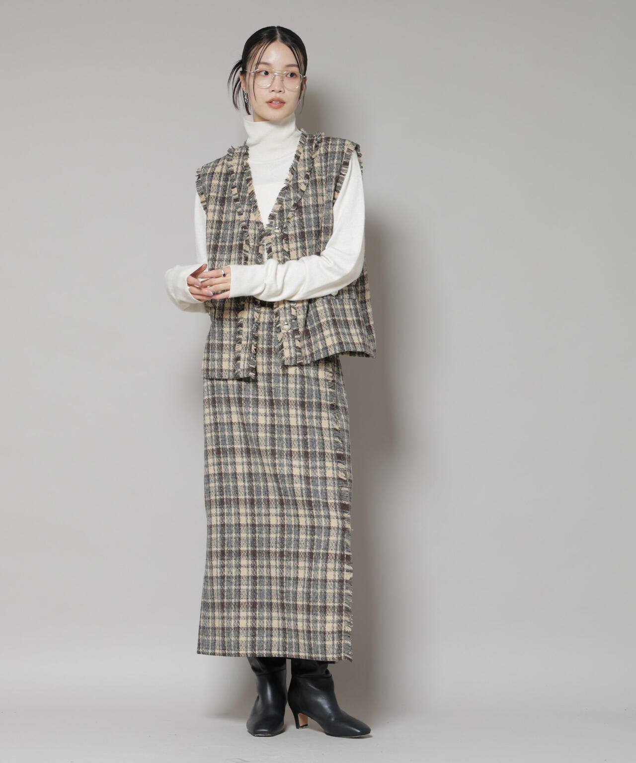 チェックフリンジ金ボタンジレ(セットアップ可)