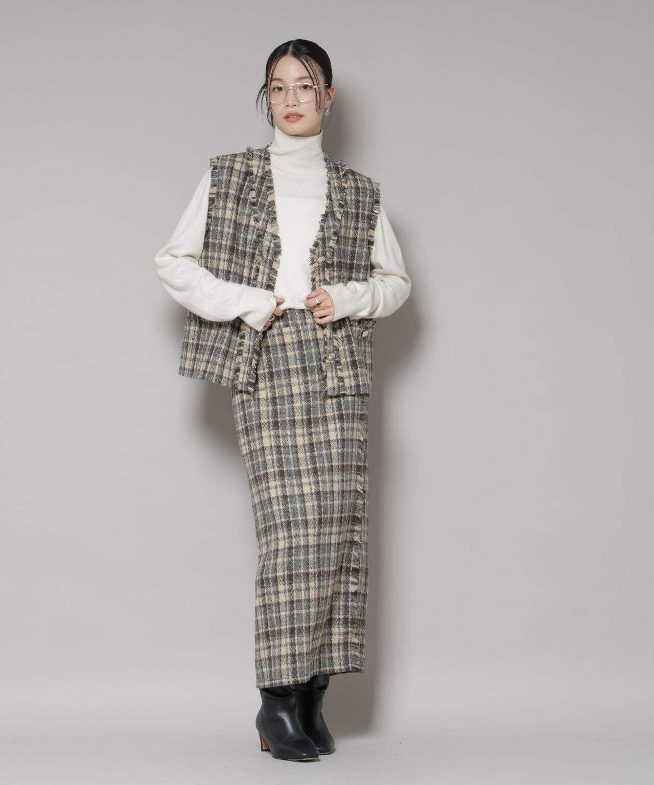 チェックフリンジ金ボタンジレ(セットアップ可)