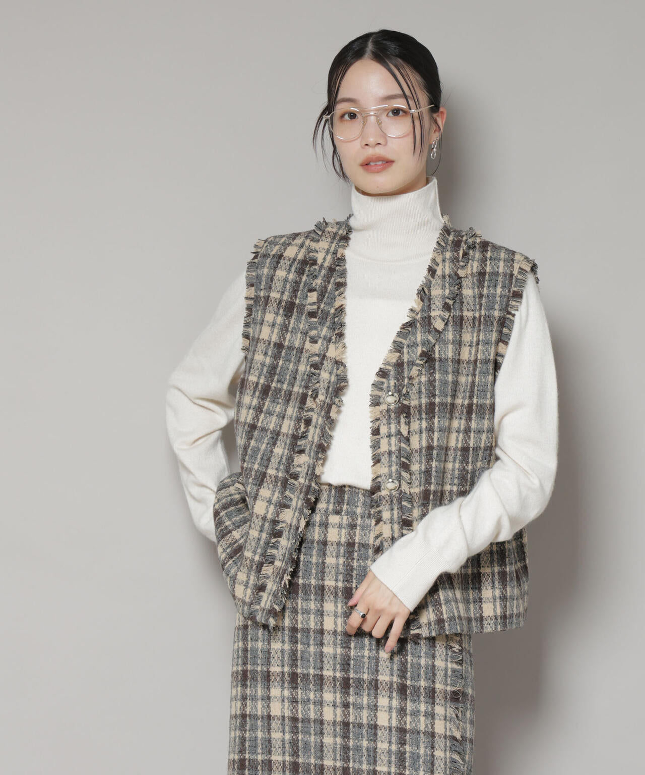 チェックフリンジ金ボタンジレ(セットアップ可)