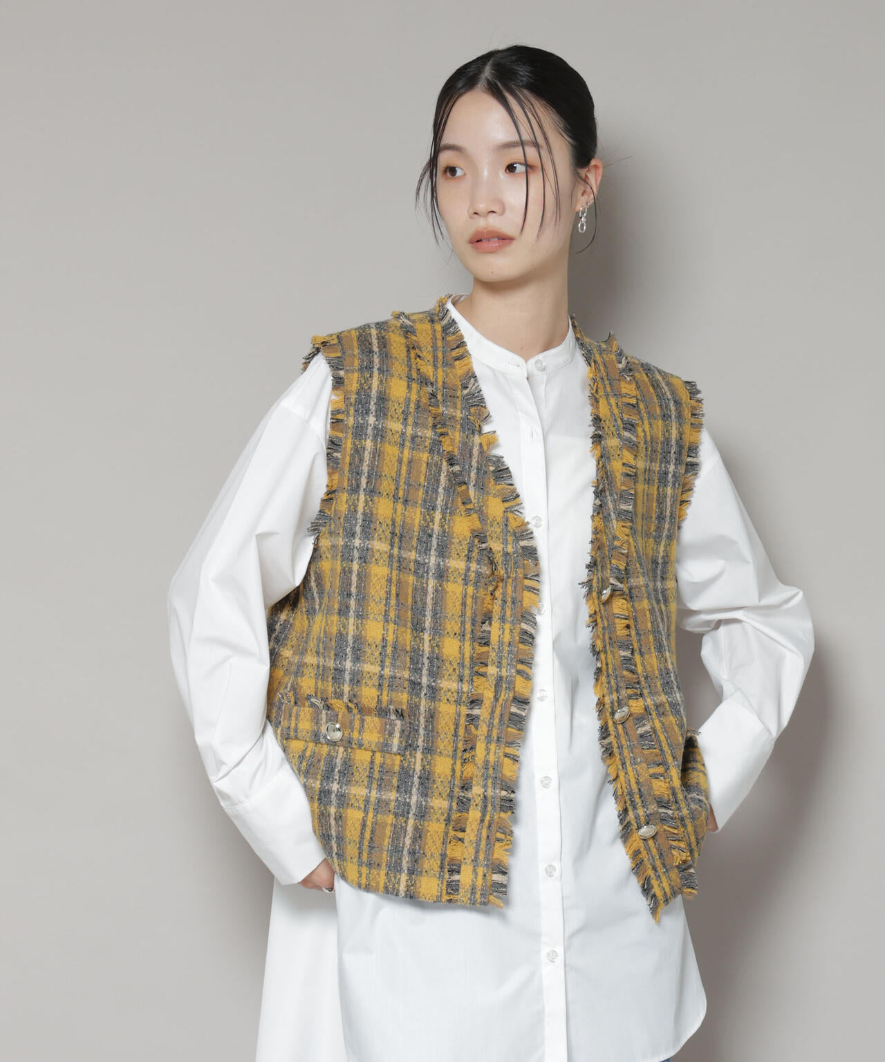 チェックフリンジ金ボタンジレ(セットアップ可)