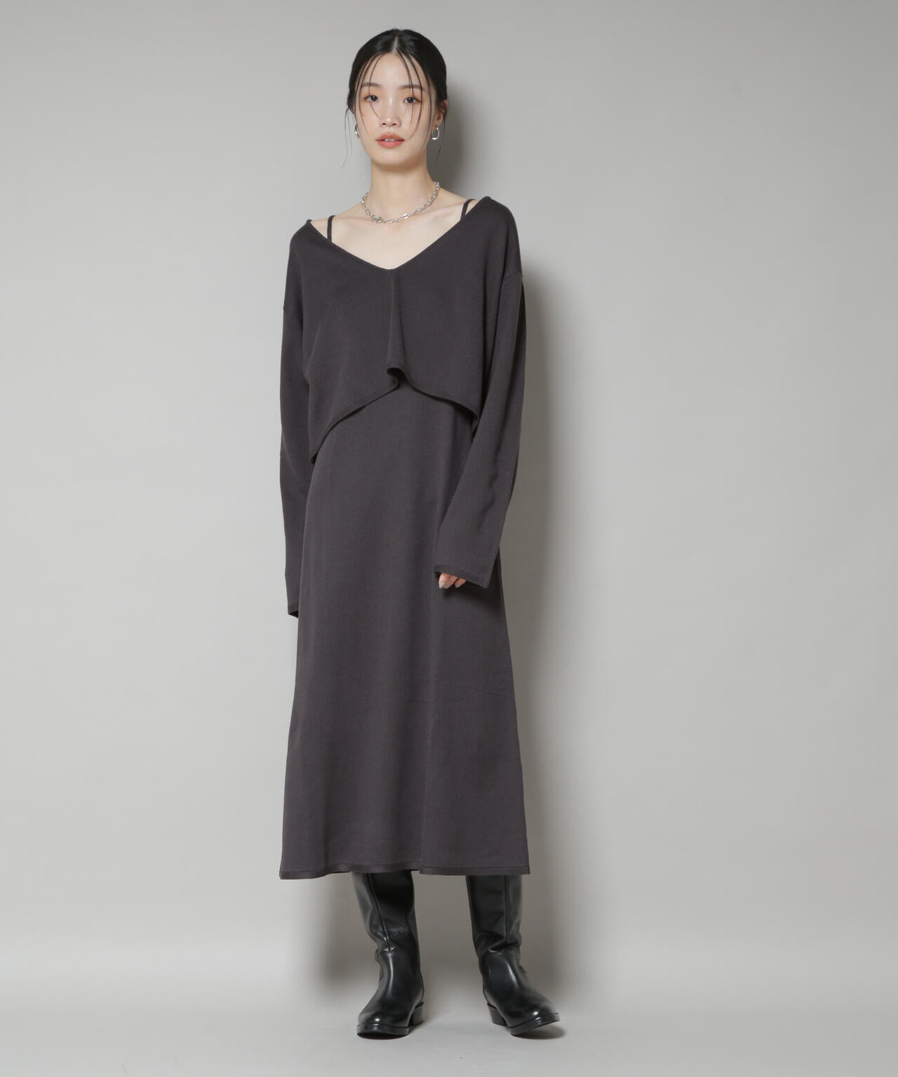 ニットキャミワンピース×クロップドVネックニット セット | NANO