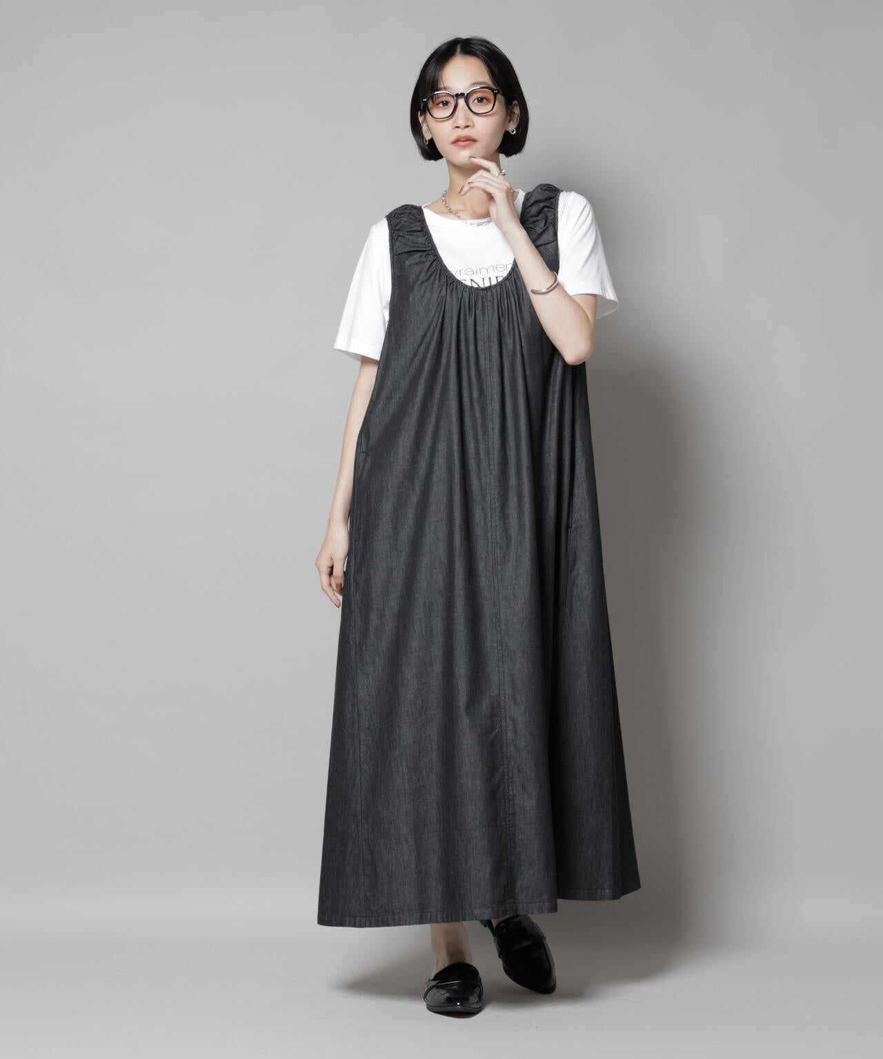 ギャザーデザインフレアデニムワンピース | NANO universe（ナノ