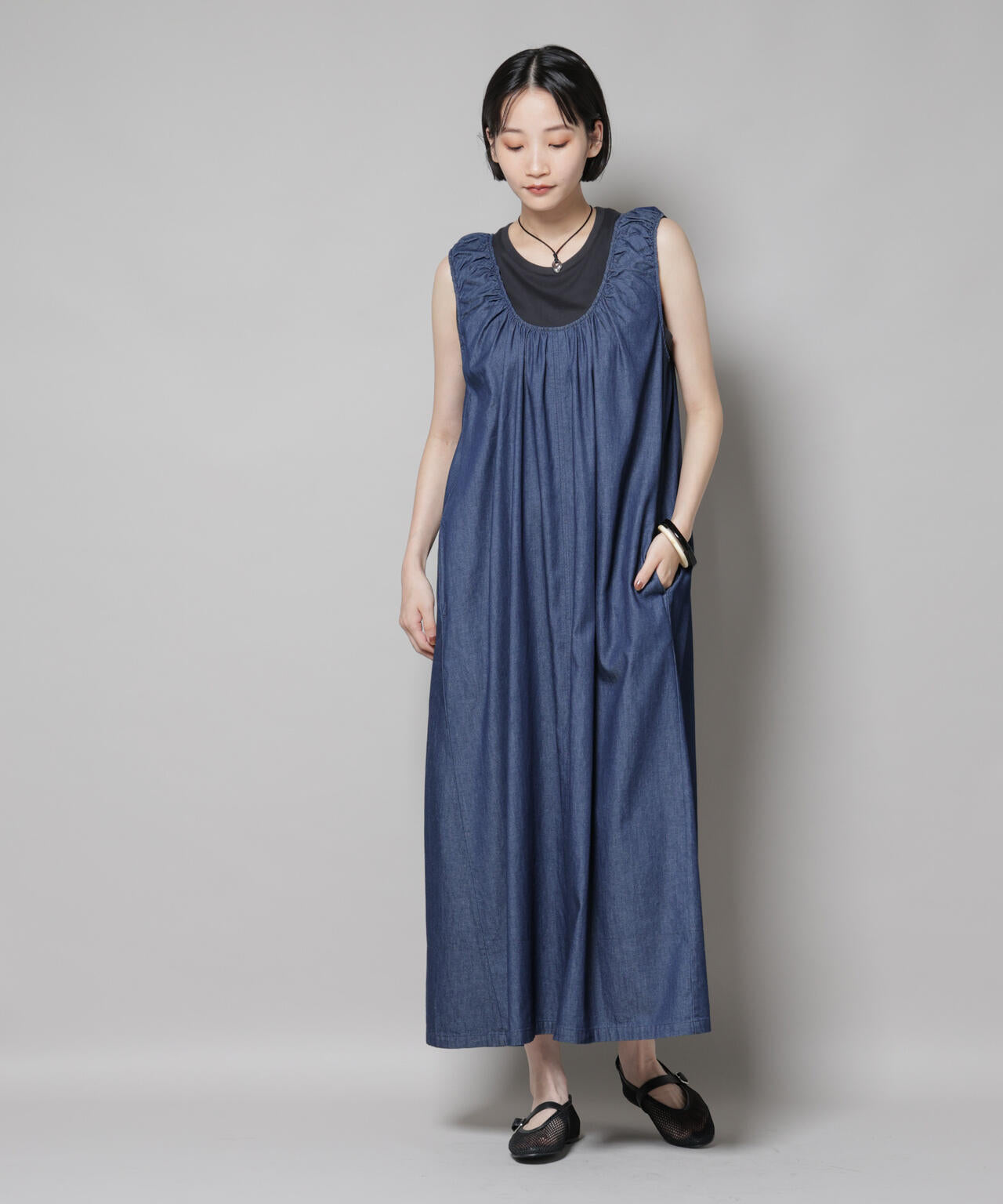 ギャザーデザインフレアデニムワンピース | NANO universe（ナノ
