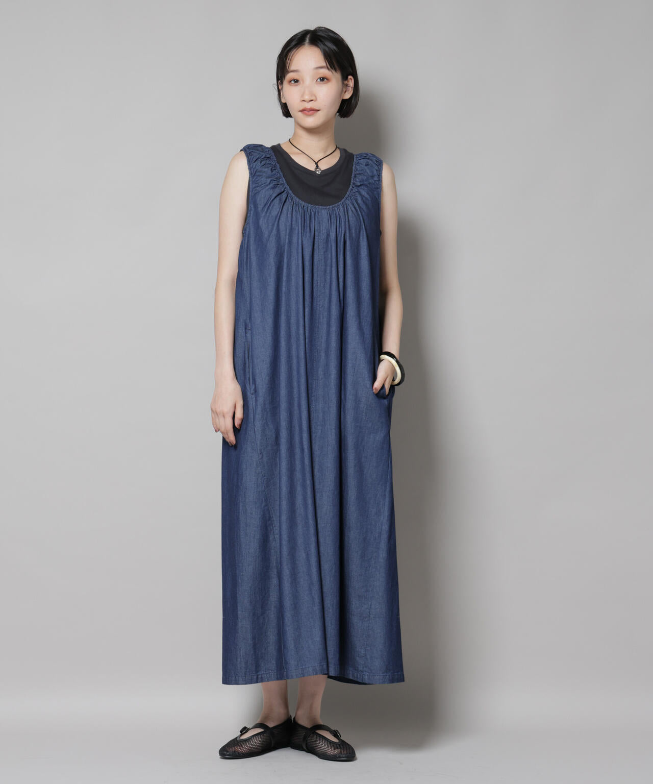 ギャザーデザインフレアデニムワンピース | NANO universe（ナノ