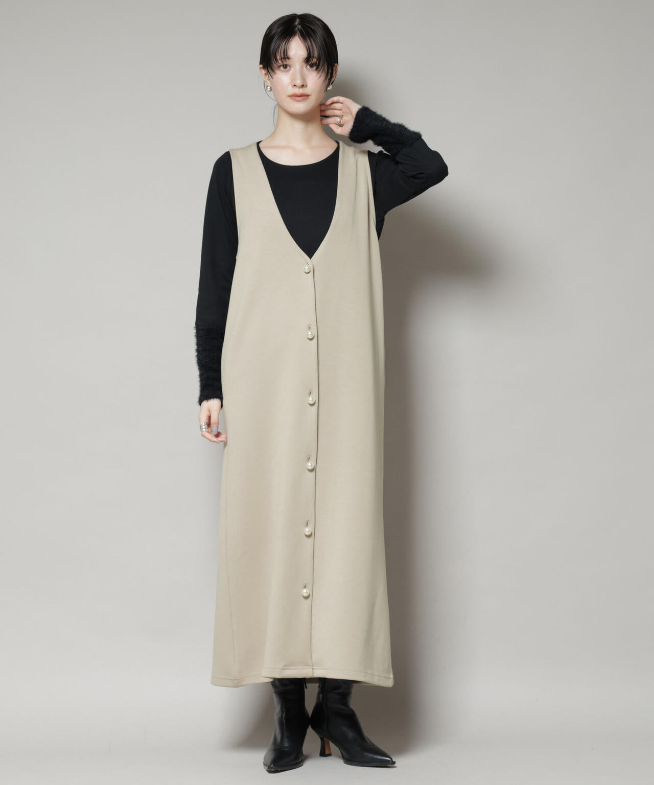 ジレワンピース×ファースリーブトップス アンサンブルセット