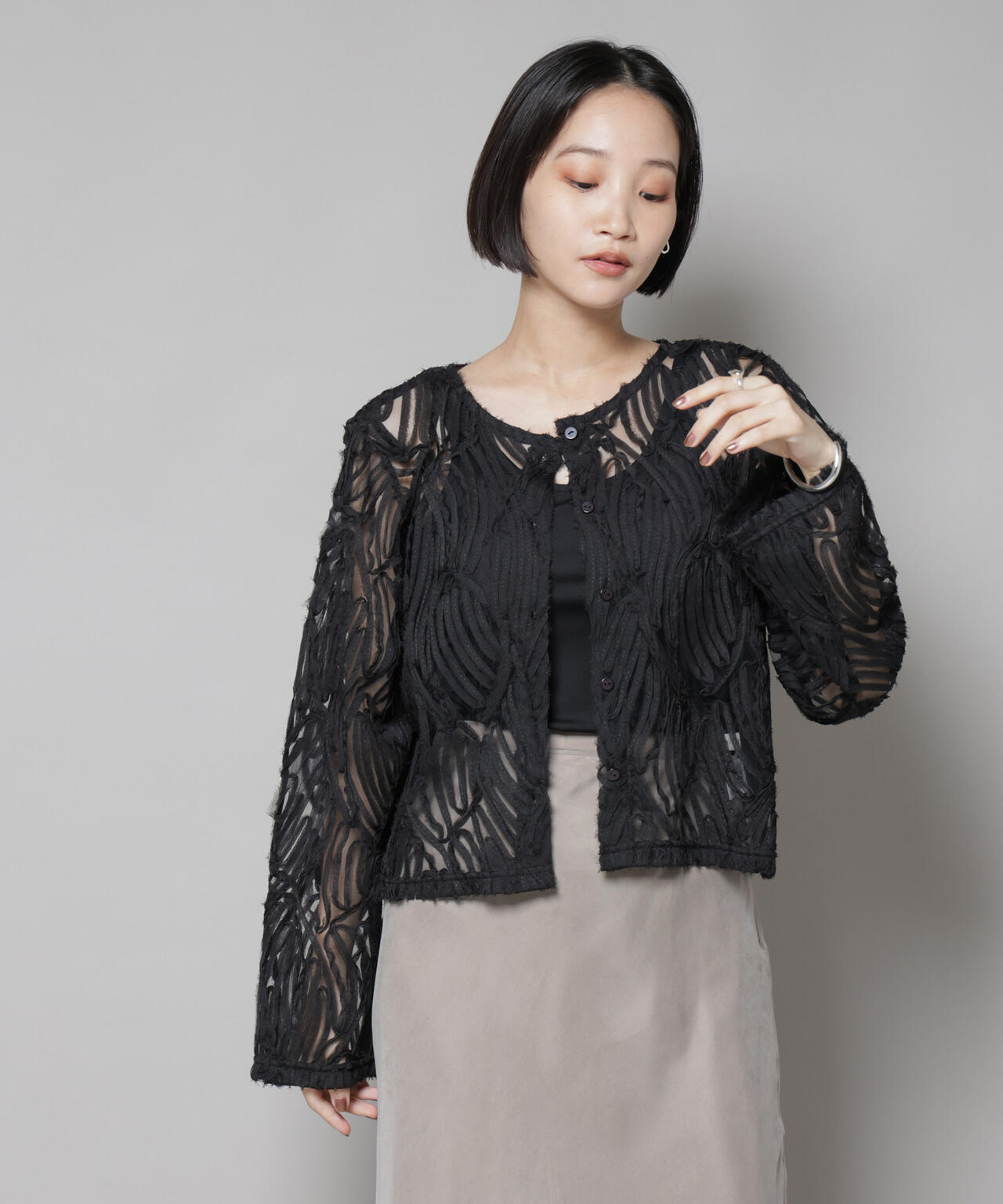 テープ刺繍チュール前後2wayカーディガン(セットアップ可)