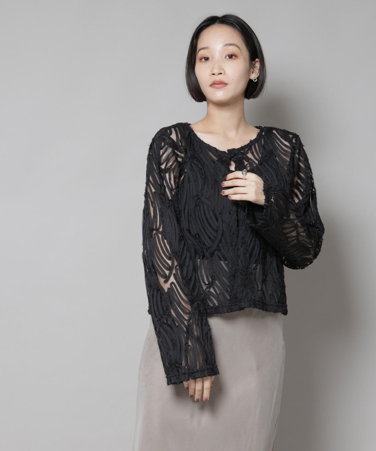 テープ刺繍チュール前後2wayカーディガン(セットアップ可)