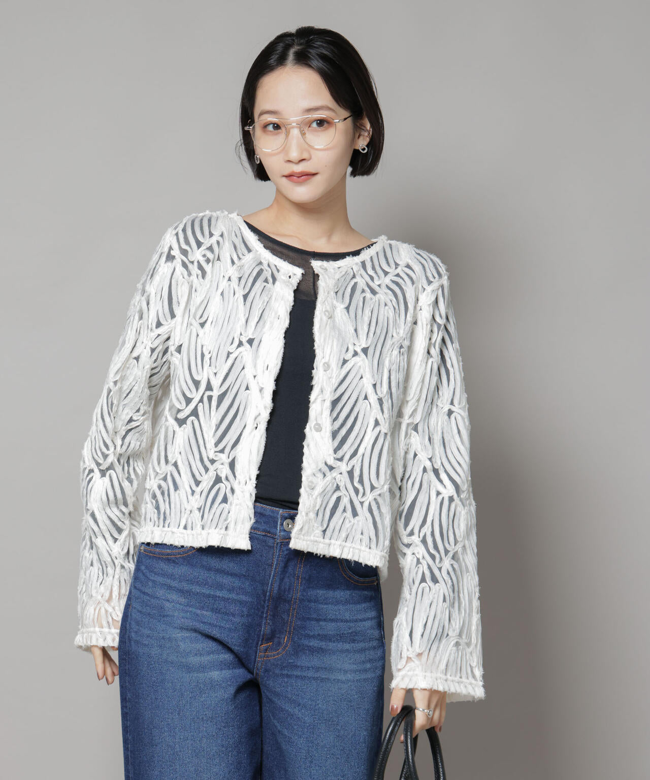 テープ刺繍チュール前後2wayカーディガン(セットアップ可)