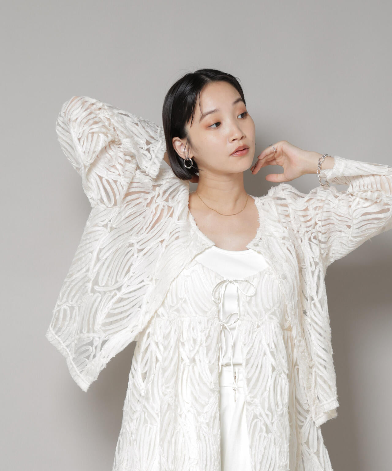 テープ刺繍チュール前後2wayカーディガン(セットアップ可)