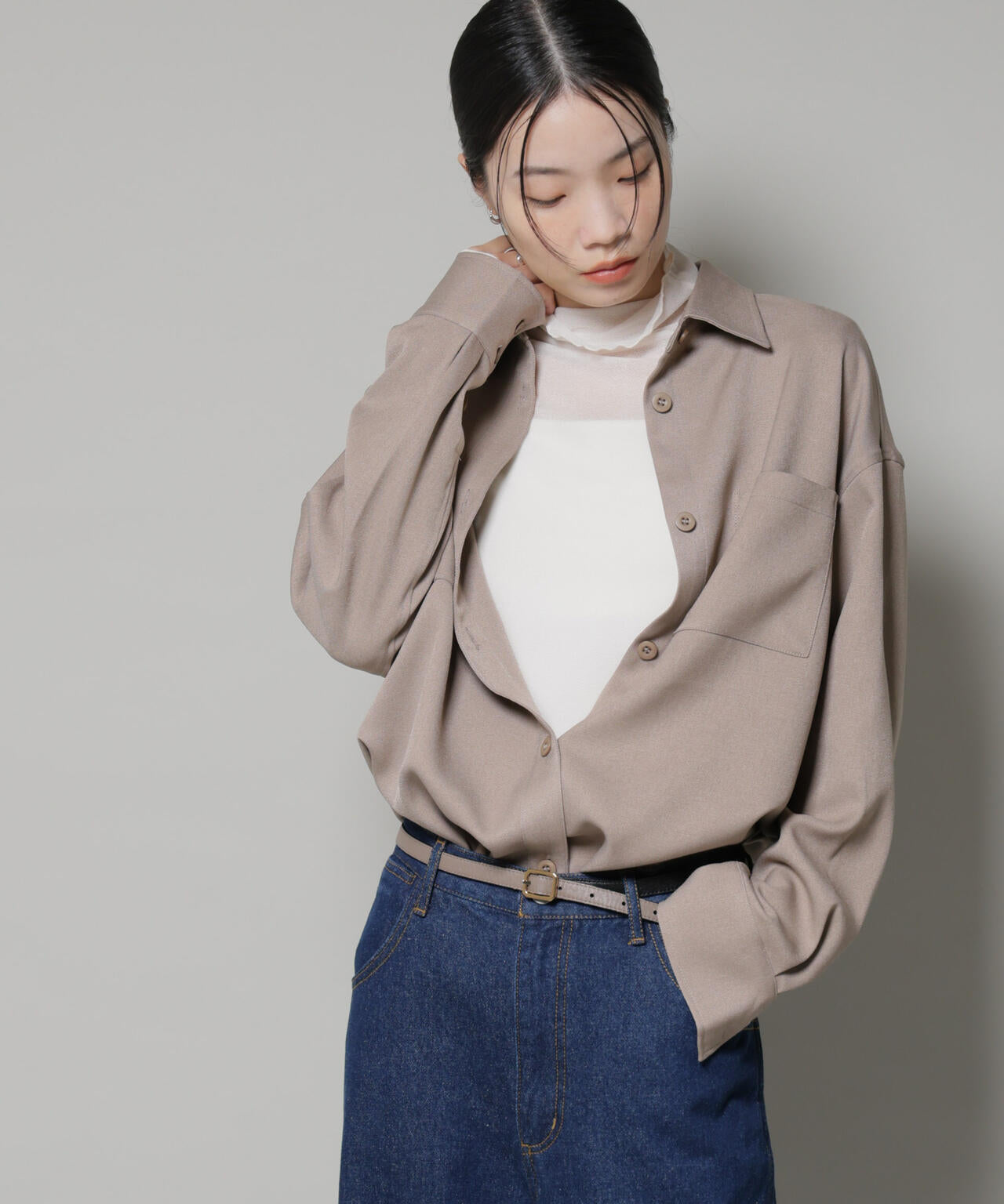 ウールライクポリエステルワイドシルエットシャツ(セットアップ可)