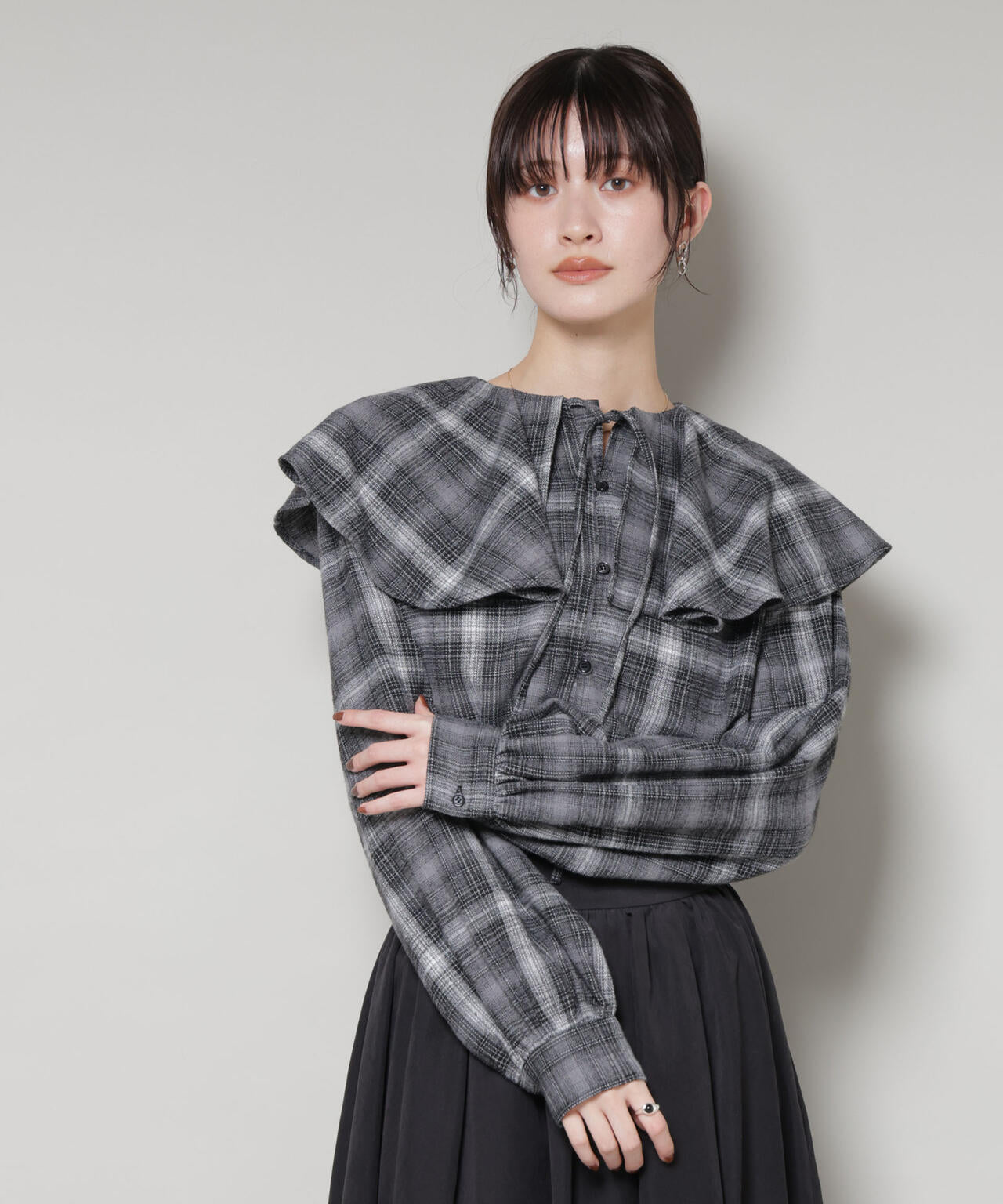 極美品 45R フランネル ネルシャツ フリル チェック ブラウス バンドカラー 極美品 45R ネルシャツ フリル フランネル チェック ブラウス バンド