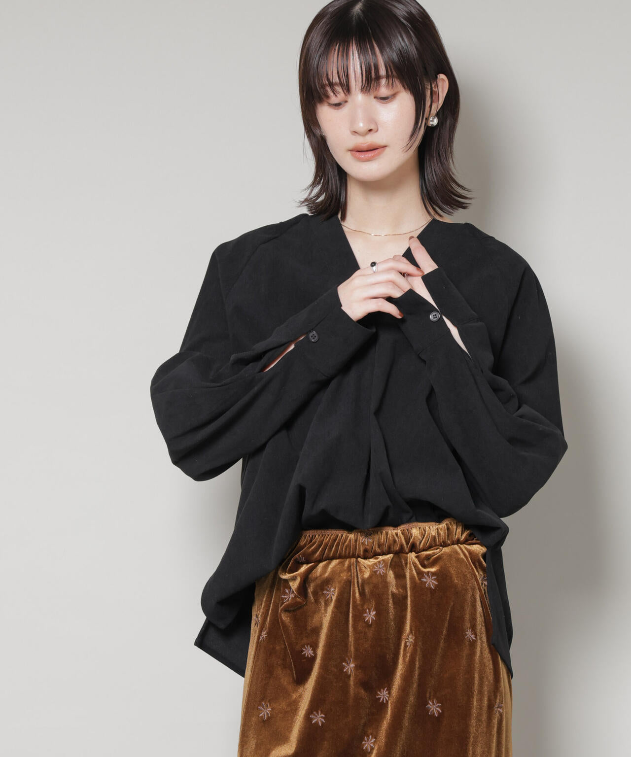 ストレッチ起毛スキッパープルオーバーブラウス(セットアップ可