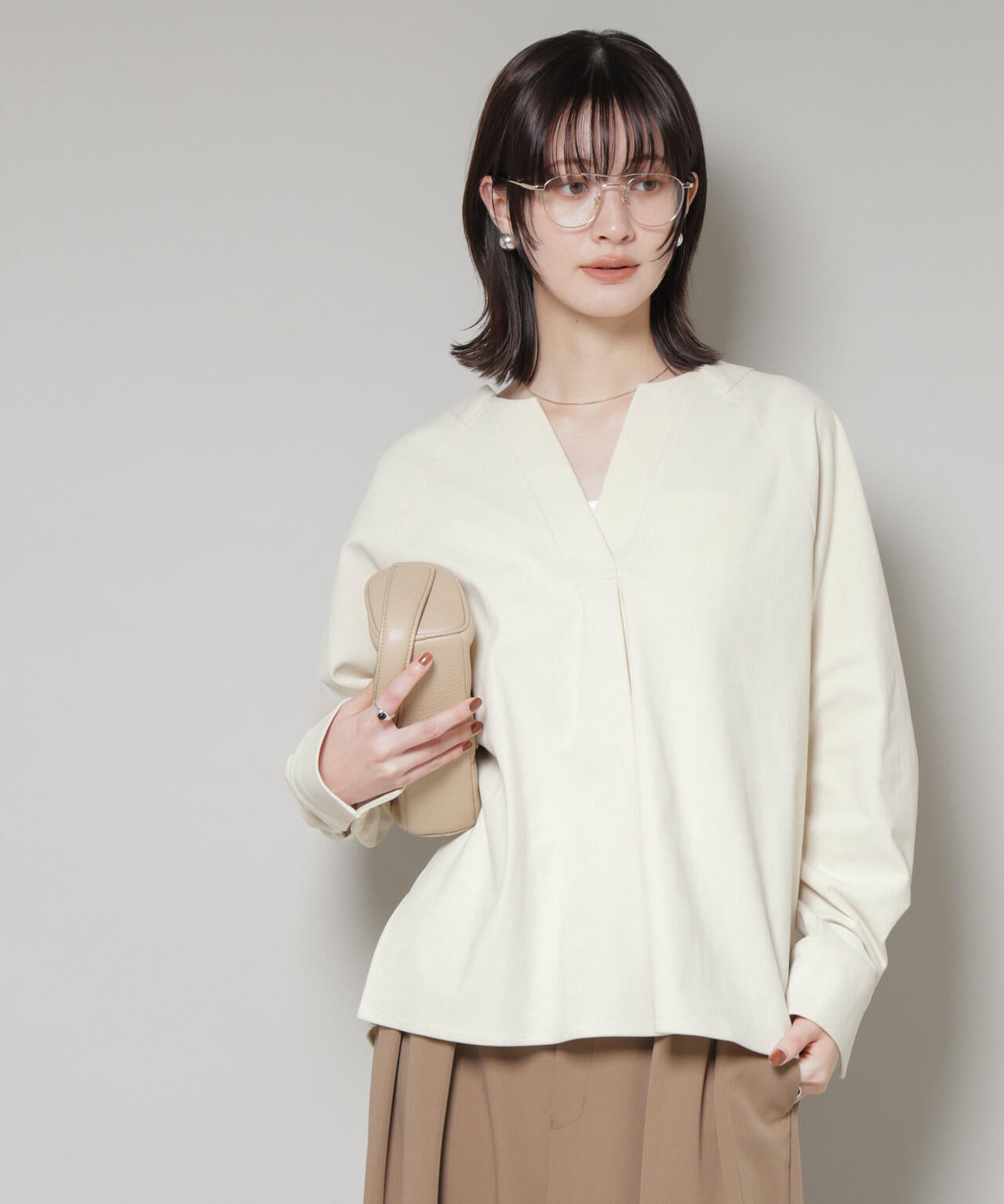 ストレッチ起毛スキッパープルオーバーブラウス(セットアップ可