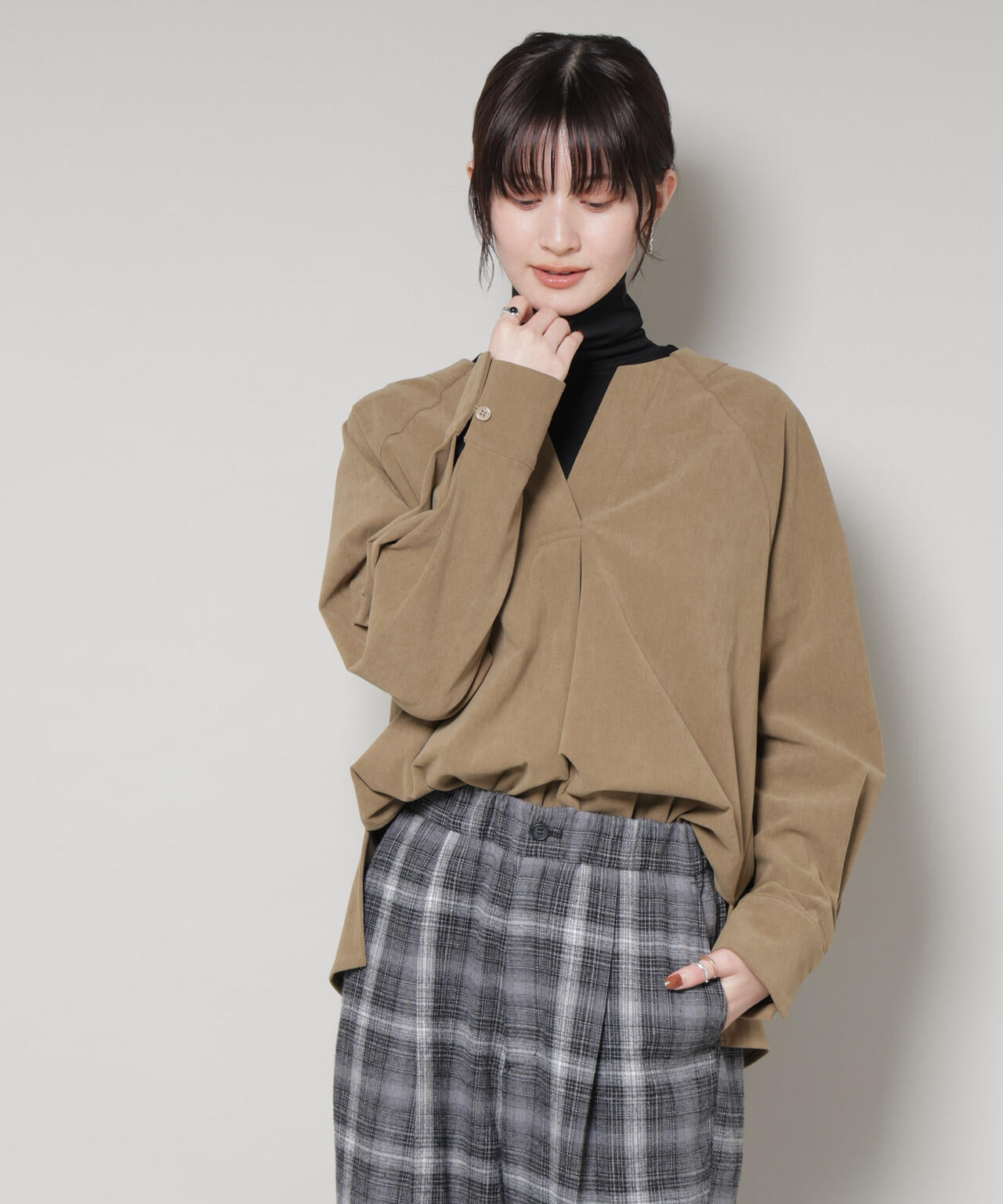 ストレッチ起毛スキッパープルオーバーブラウス(セットアップ可