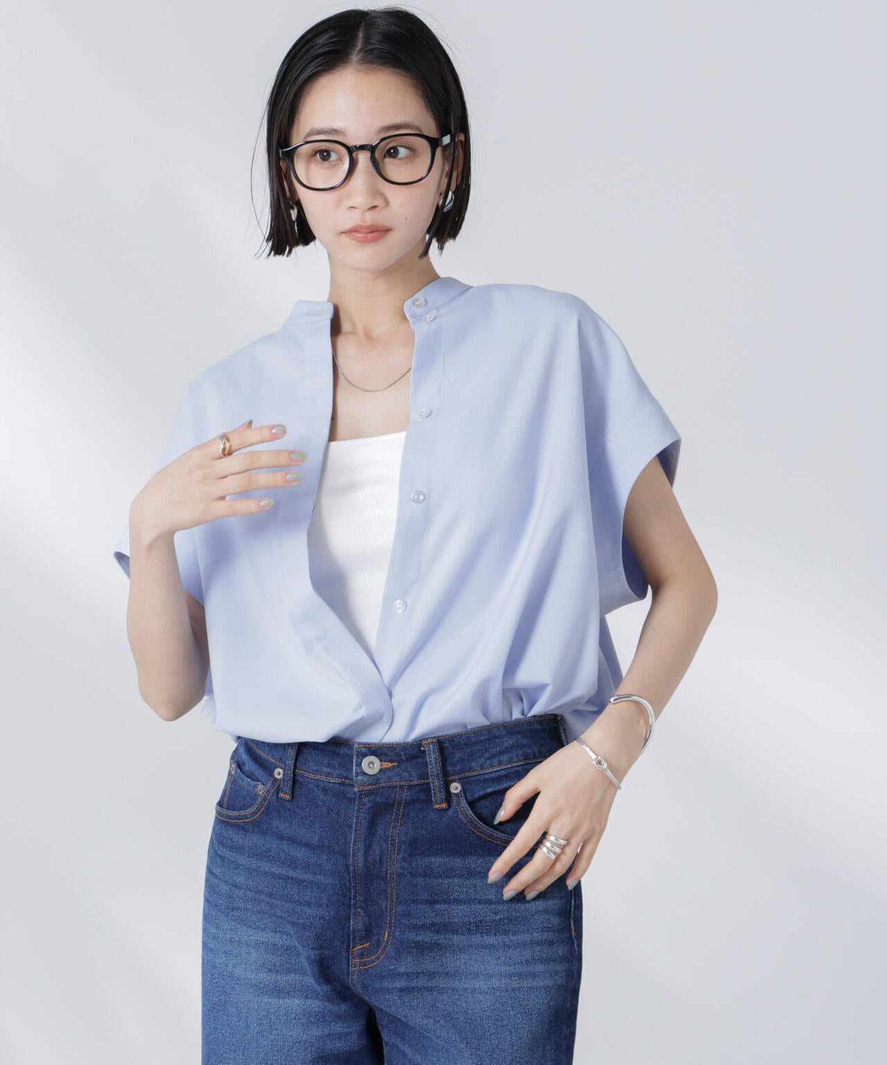 バンドカラーノースリーブシャツ(セットアップ可)