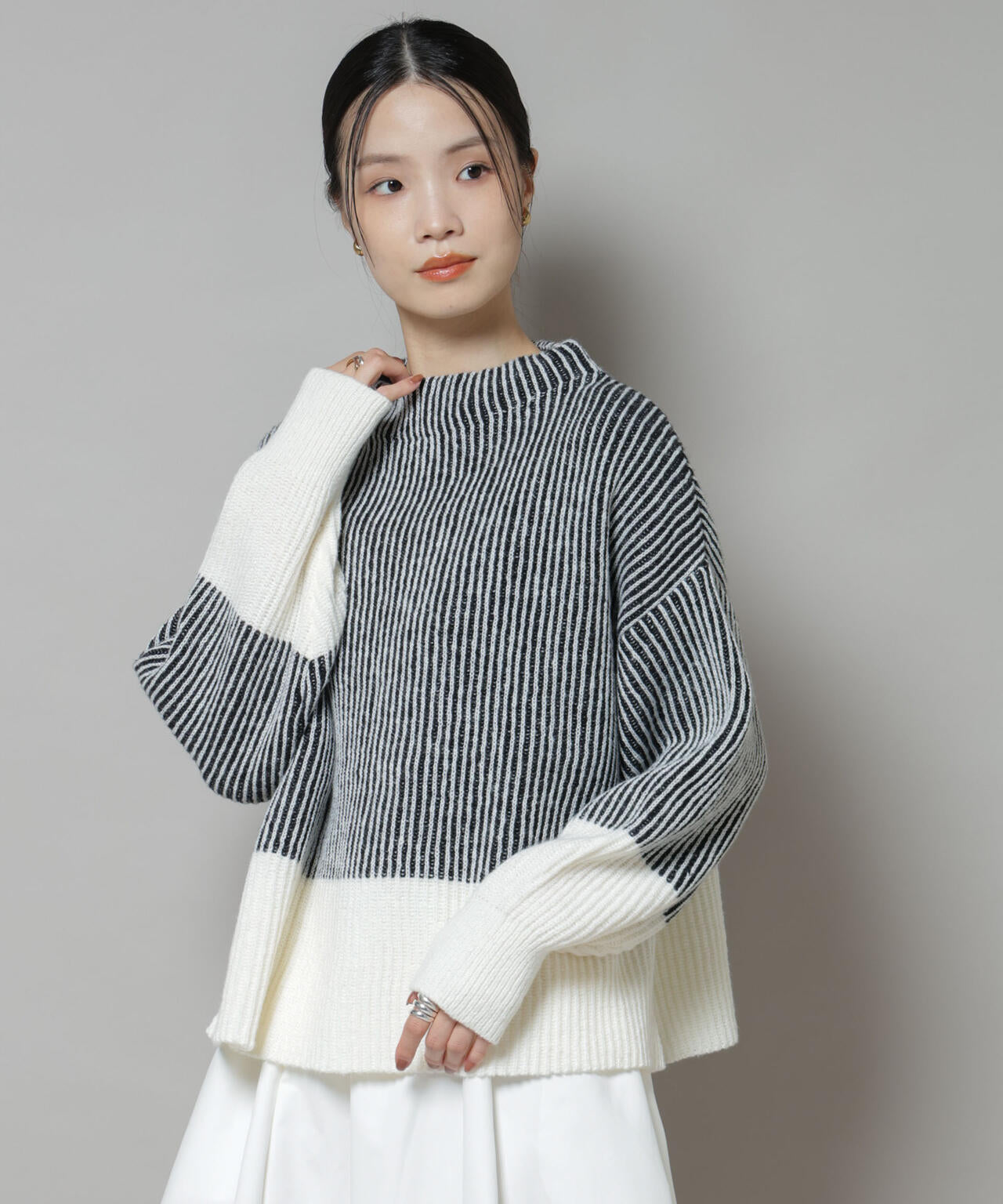 美品　45Rネイビー・ベージュ ストライプ ニット シャドーストライプニットプルオーバー | NANO universe（ナノ